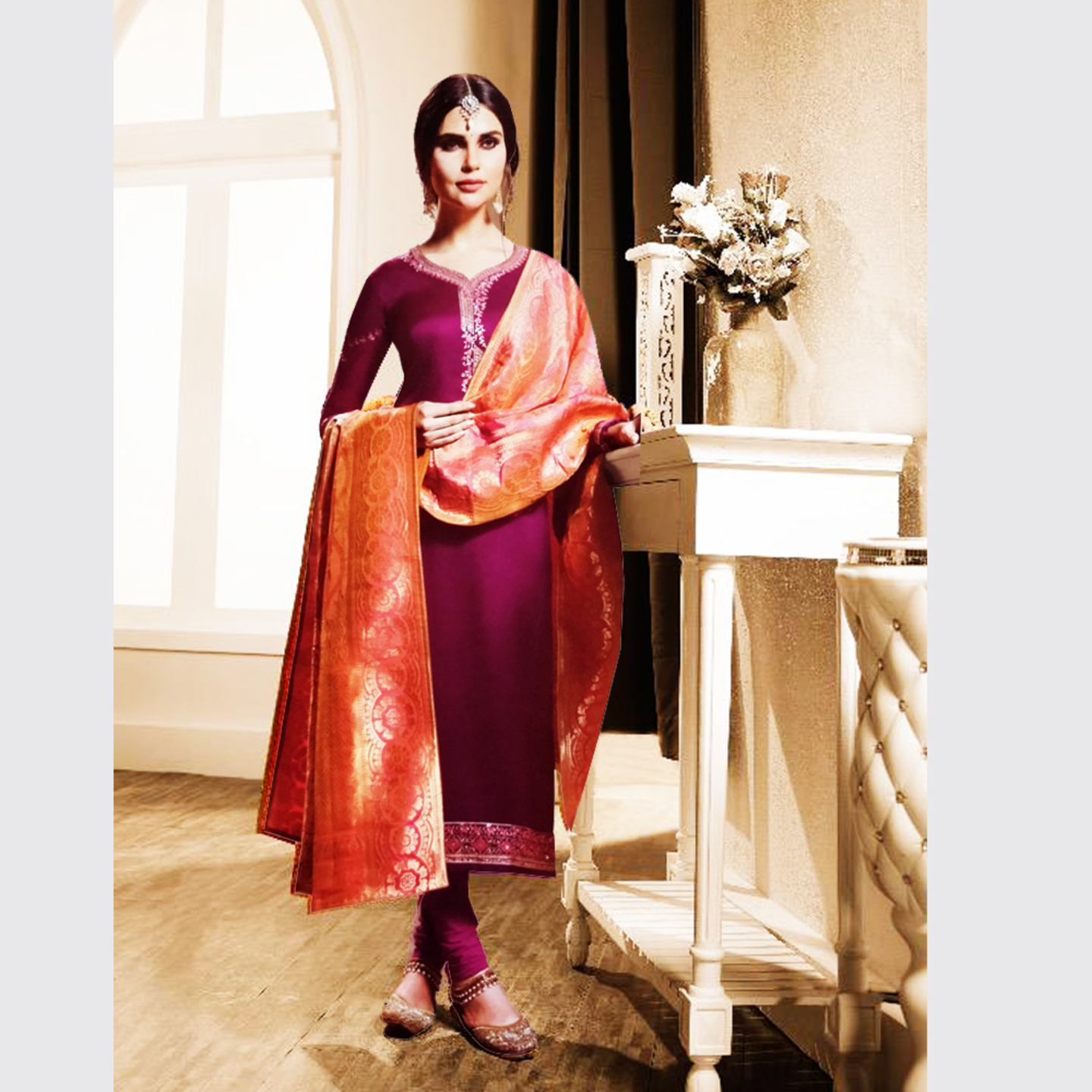 Talk By Fashion Women Satin Georgette Embroidered Dress Material