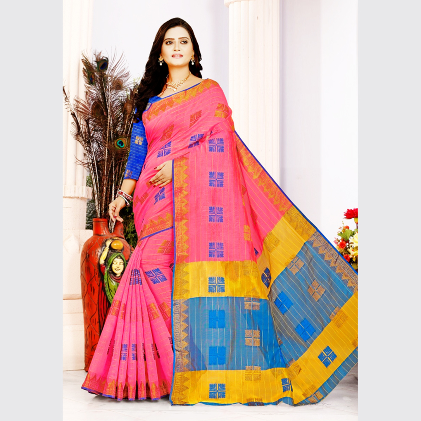Talk By Fashion Women Handloom Cotton Silk Saree Pink
