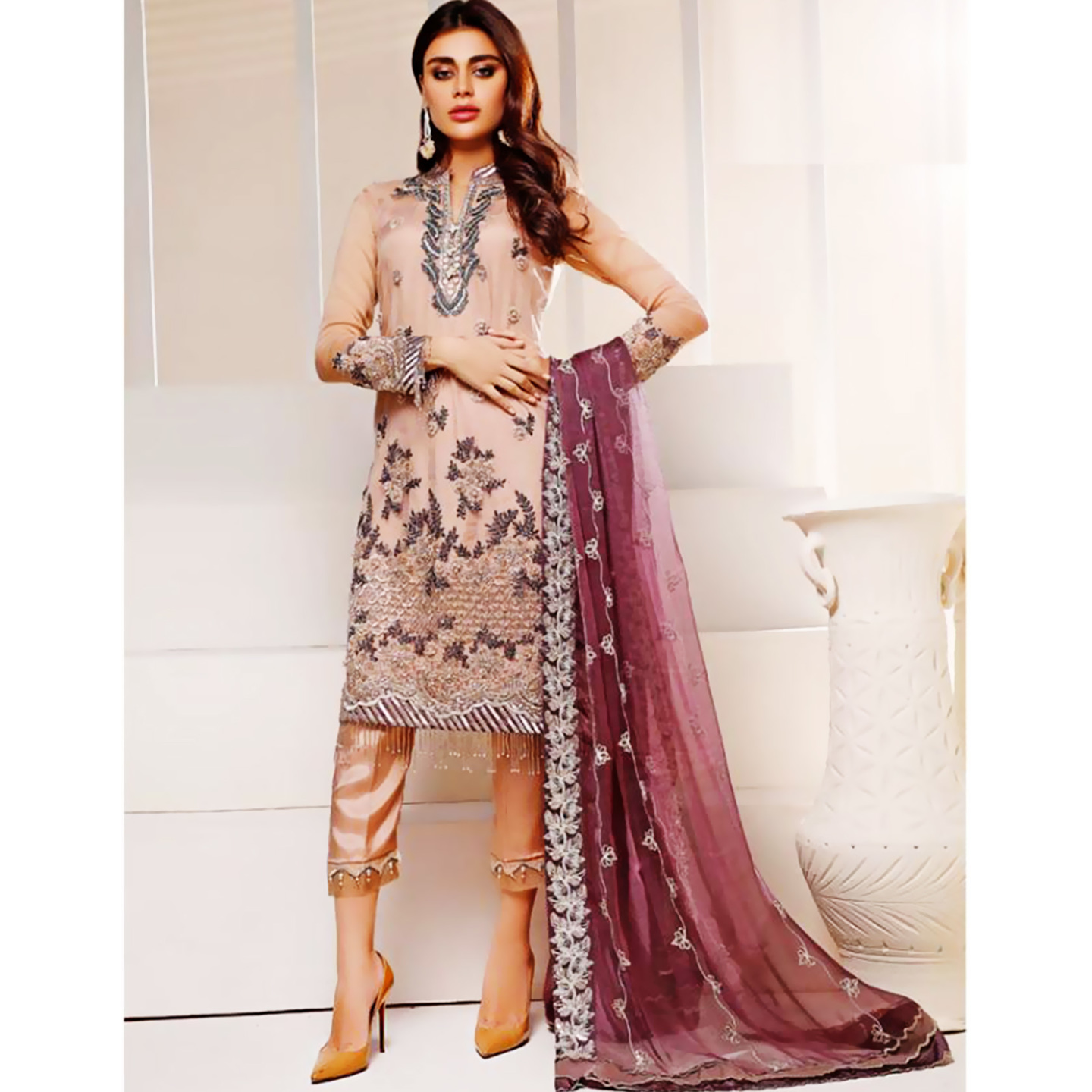 Talk By Fashion Women Fox Georgette Heavy Embroidery Dress Material Golden Brown