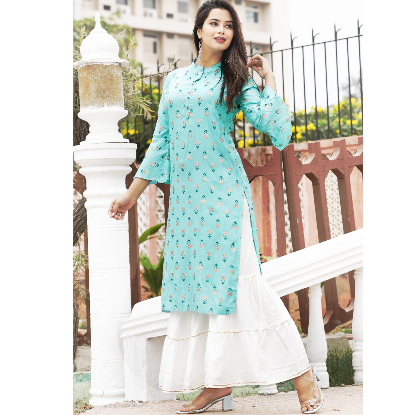 TBF Sky Blue Gold Printed Kurti