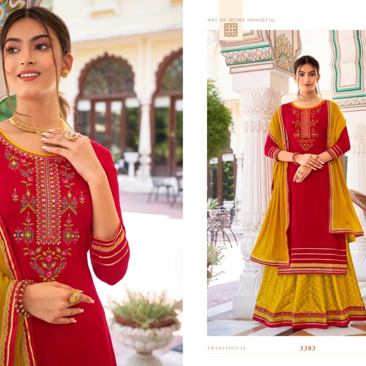 Talk By Fashion Women Jam Silk Embroidered Long Kurta with Skirt and Dupatta Set