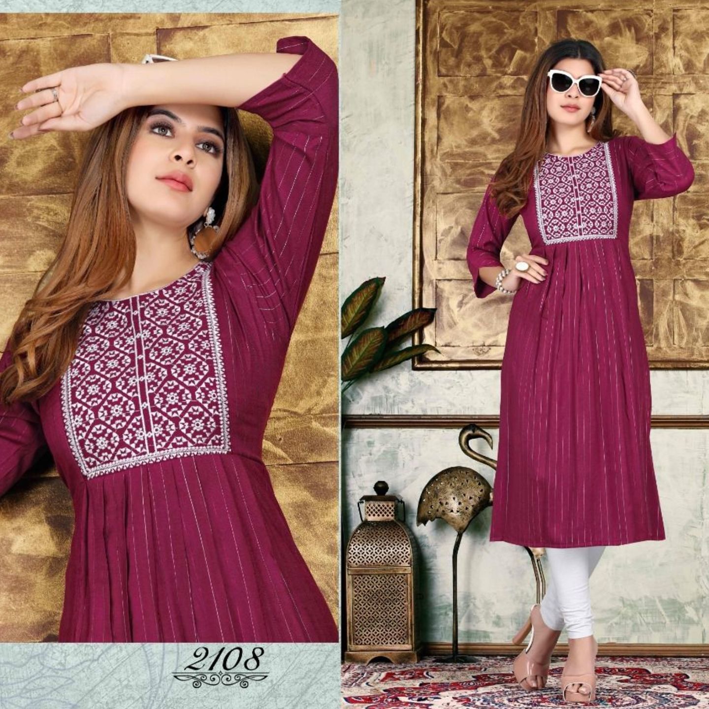 Talk By Fashion Women Cotton Lurex Wine Color Straight Kurta