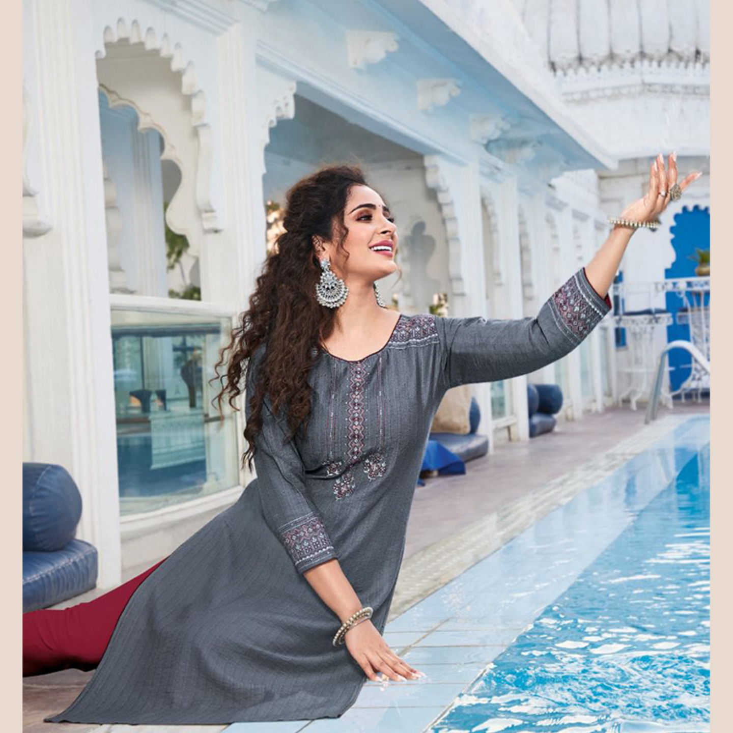 Women Dark Grey Embroidered Pure Viscose Long Kurti