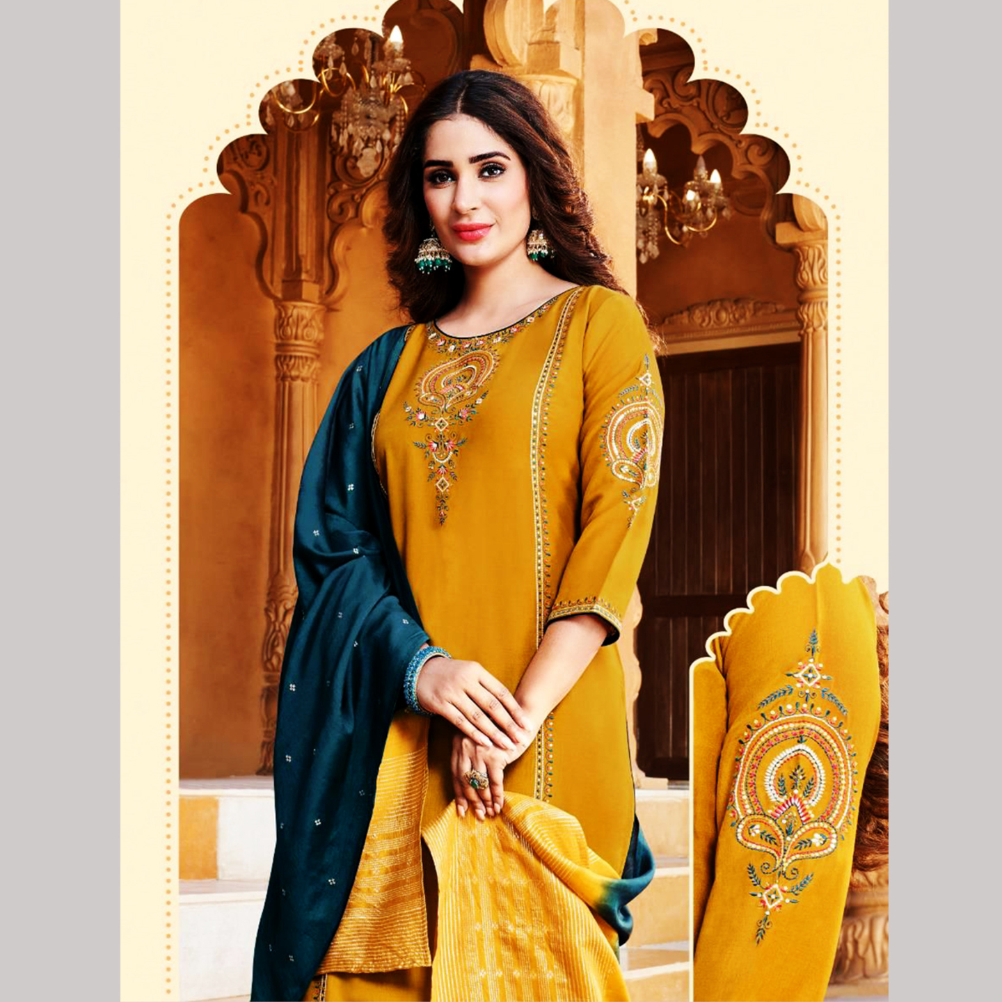 TALK BY FASHION Women Viscose Silk Kurta with Pants & Dupatta Yellow & Turkish Blue