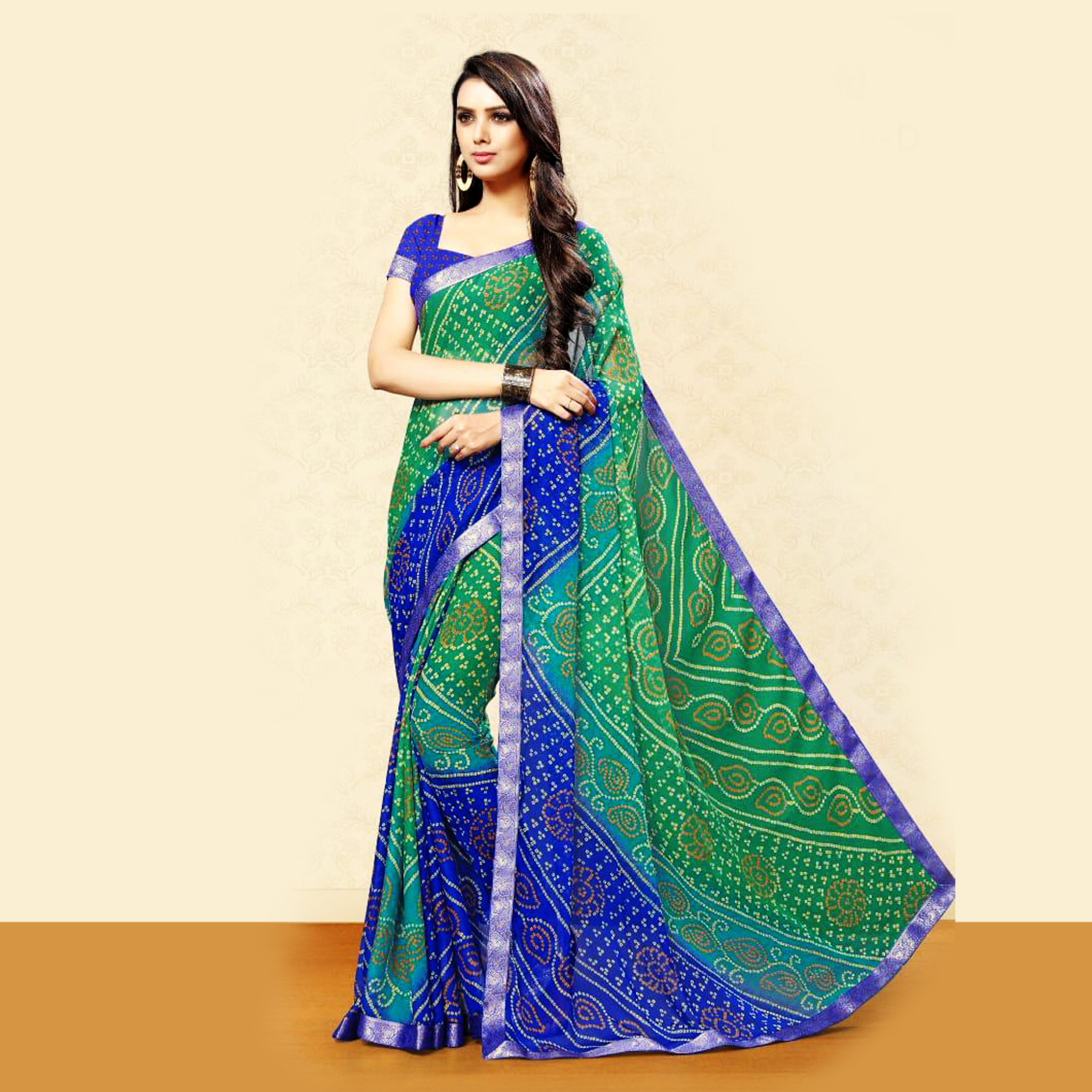Talk By Fashion Women Chiffon Bandhani Printed Saree Blue-Green