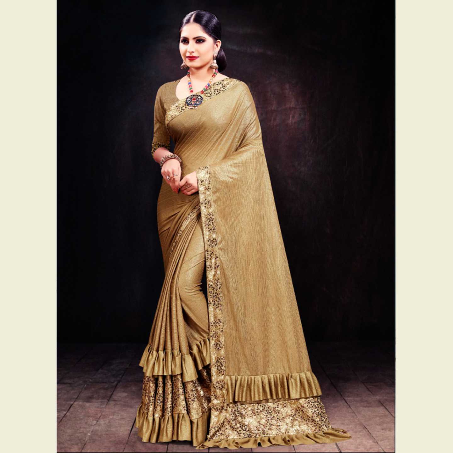 Talk By Fashion Women Heavy Shimmer Lycra Party Wear Saree Golden Mud
