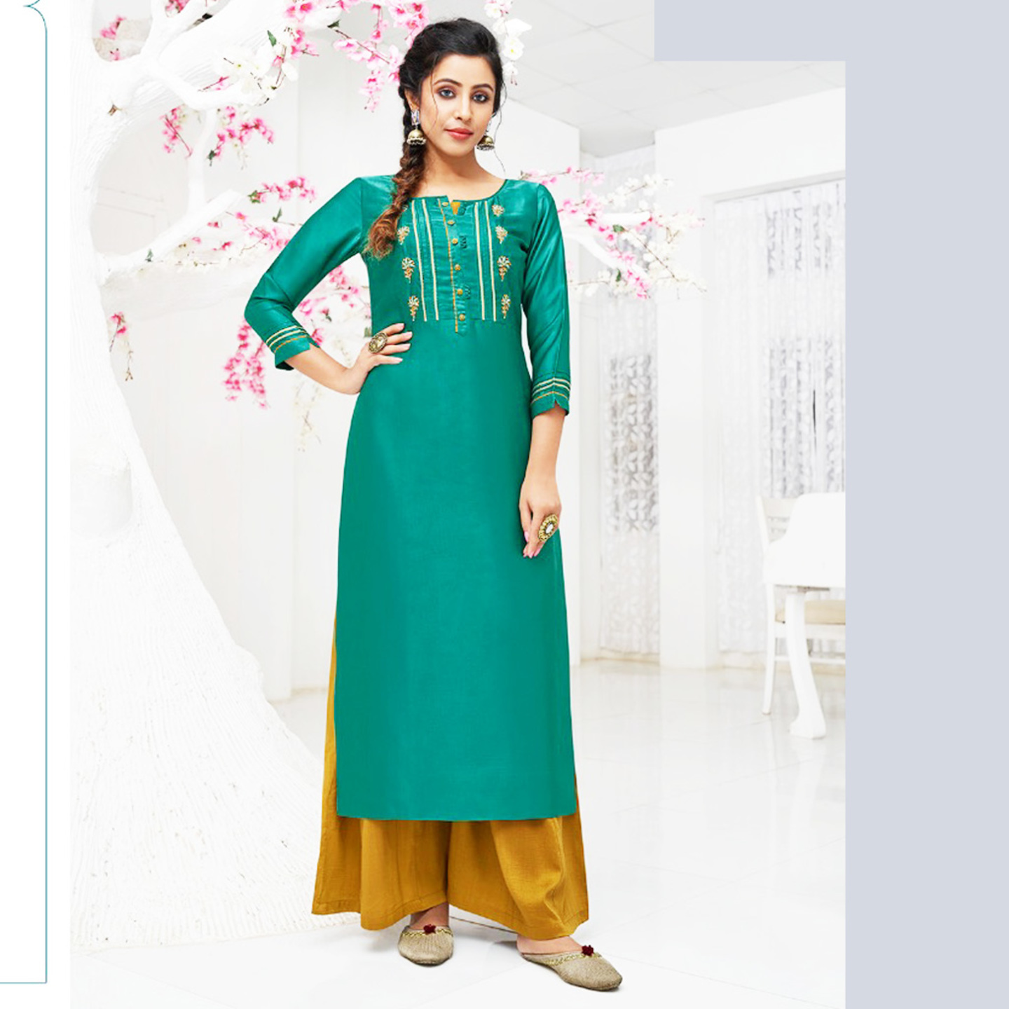 Talk By Fashion Women Heavy Russian Silk Embroidered Kurti with Palazzo Set