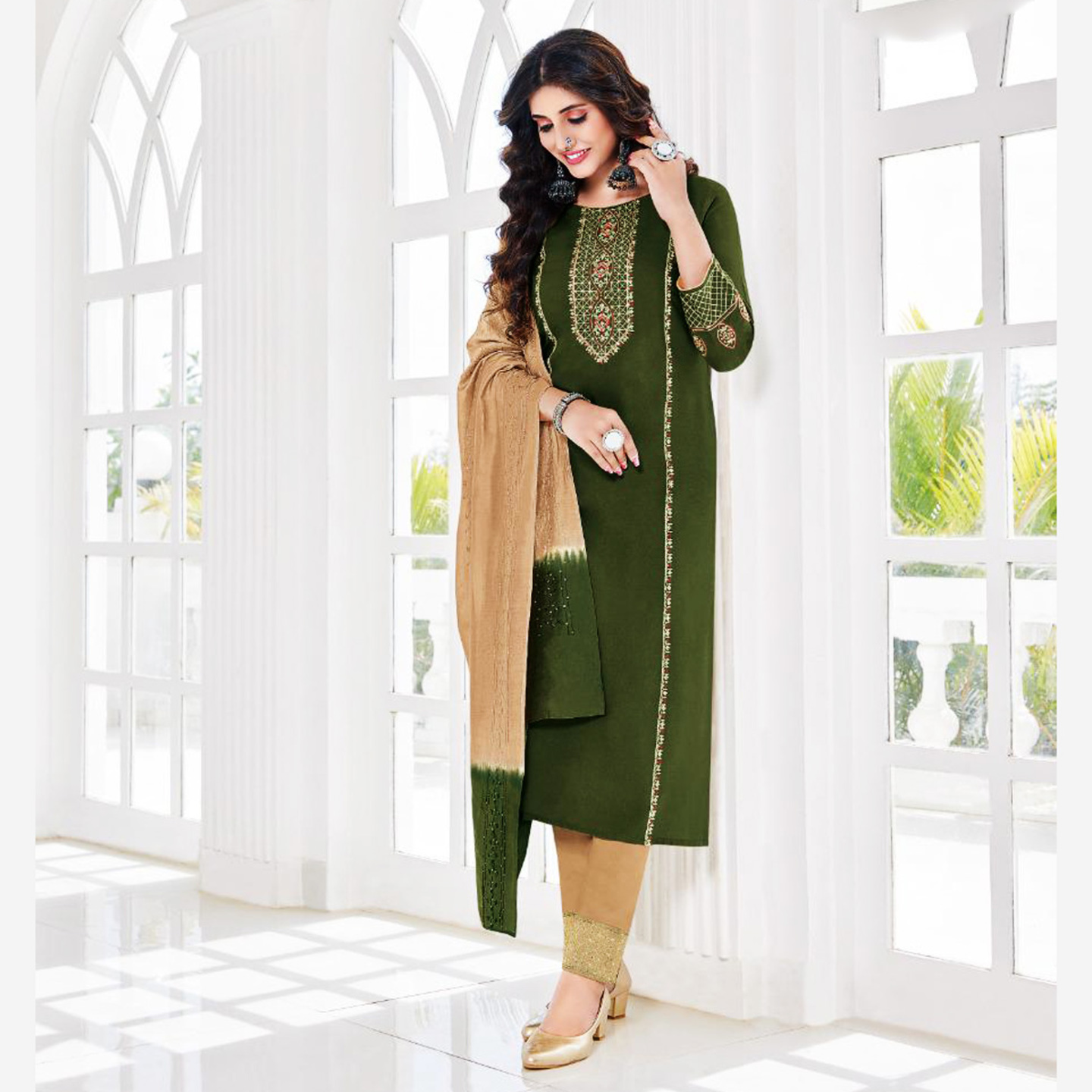 TALK BY FASHION Women Embroidered Kurta with Pants & Dupatta Mehendi Green
