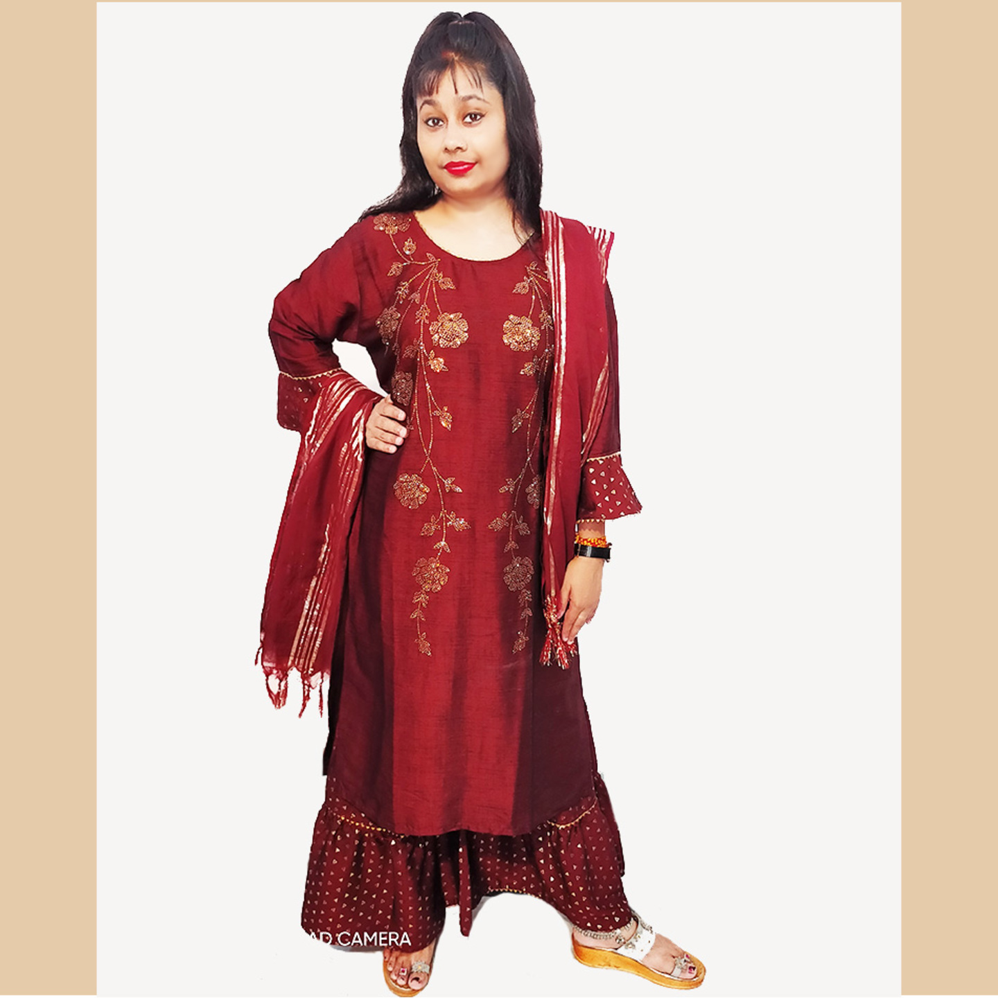 Women Dark Coca Color Swarovski stone Embroidered Kurta Set