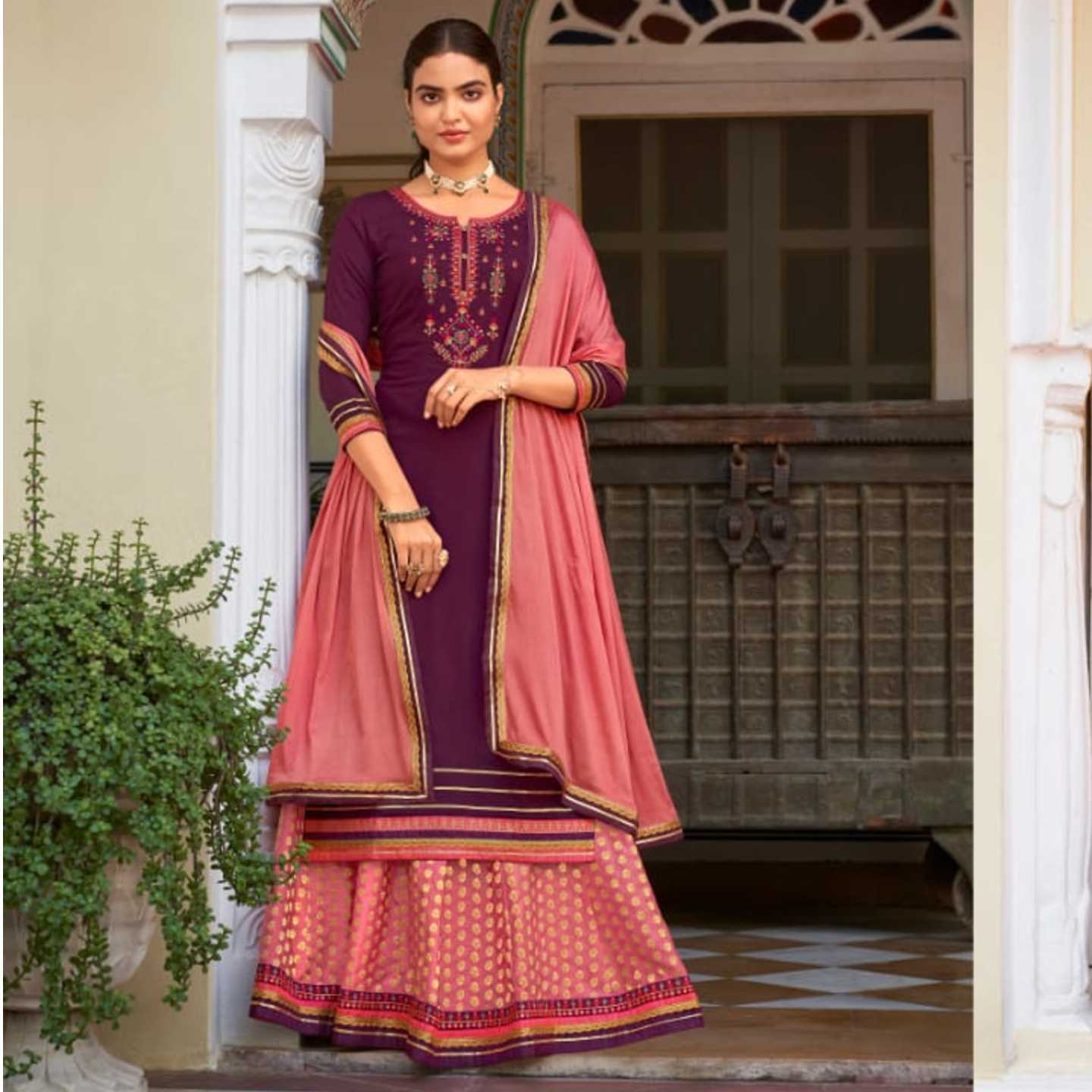 Talk By Fashion Women Jam Silk Embroidered Long Kurta with Skirt and Dupatta Set