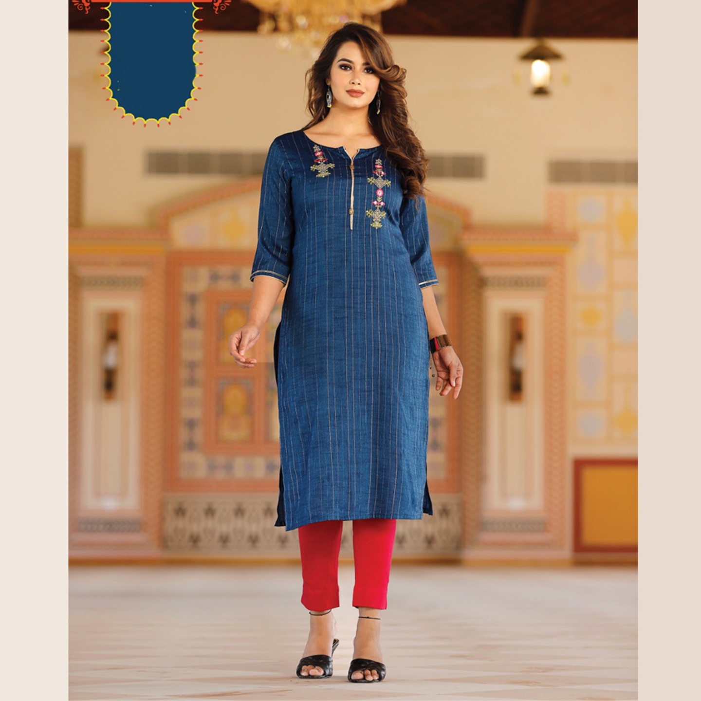 Talk By Fashion Dark Blue Embroidered Cotton Lurex Straight Kurti