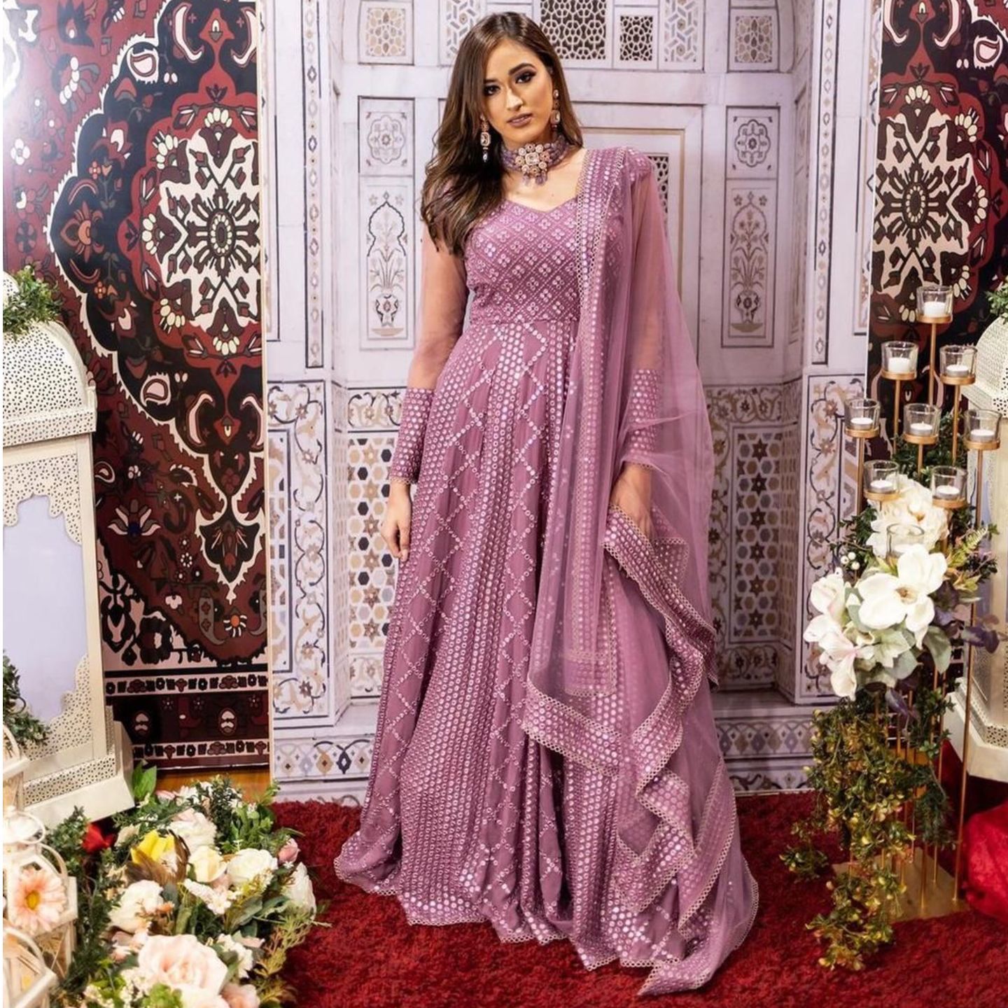 Talk By Fashion Women Dark Cherry Color Embroidered Gown with Dupatta Set