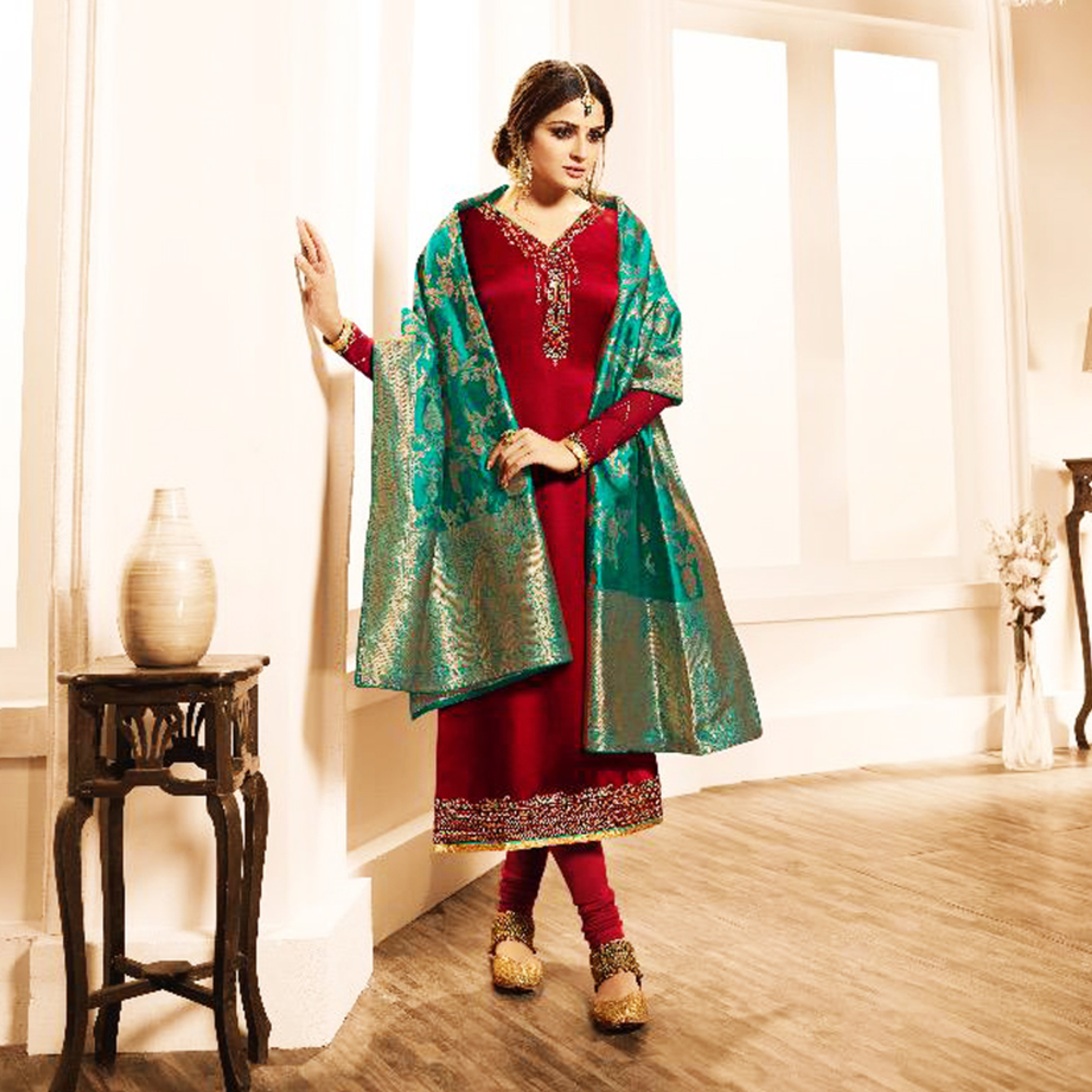 Talk By Fashion Women Satin Georgette Embroidered Dress Material Maroon