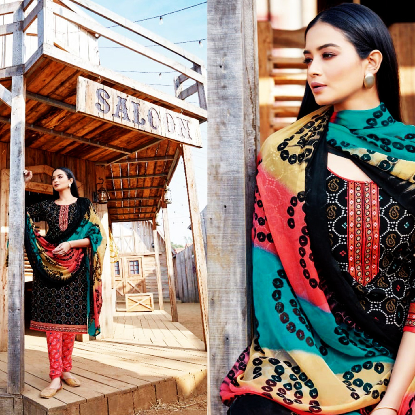KIA Black & Carrot Multicolored Cotton Blend Unstitched Dress Material