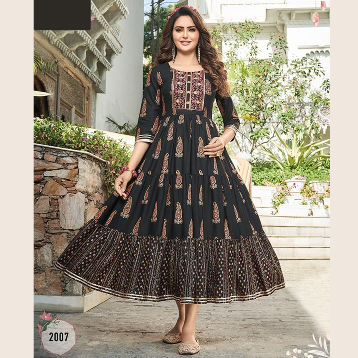 TBF Women Black Color Printed Flare Cotton Anarkali Kurti