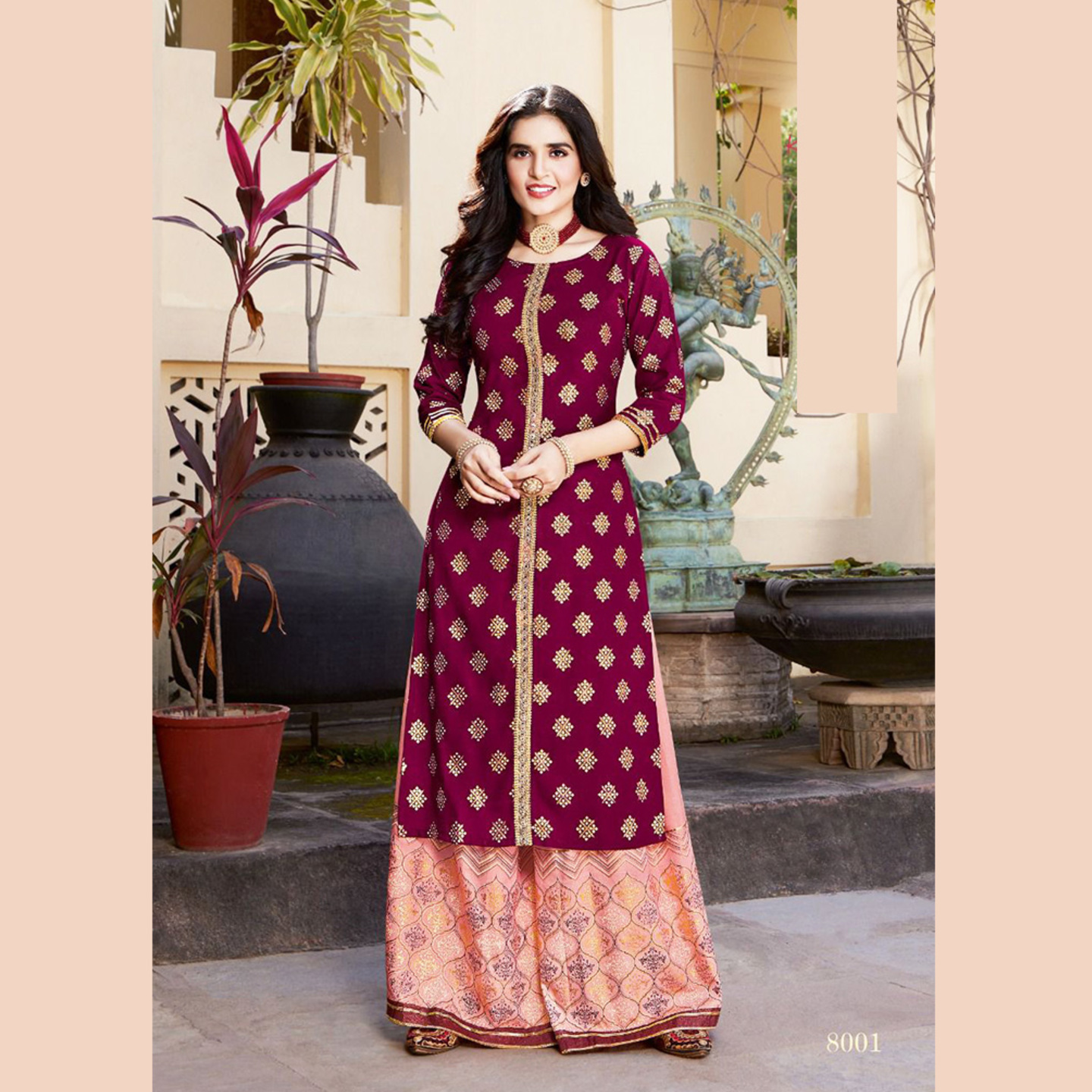 Talk By Fashion Women Fancy Foil Printed Long Kurti with Palazzos