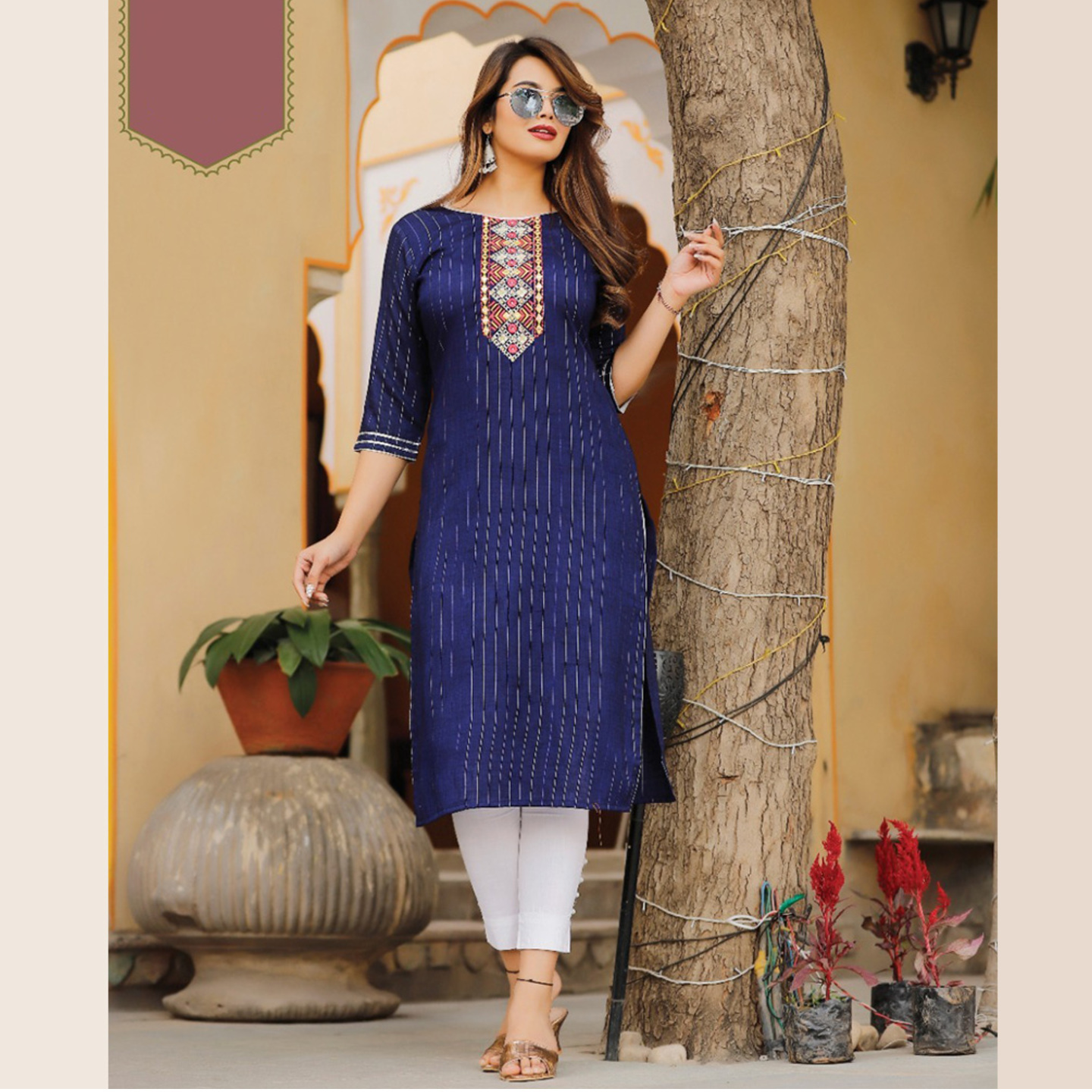 Talk By Fashion Navy Blue Embroidered Cotton Lurex Straight Kurti