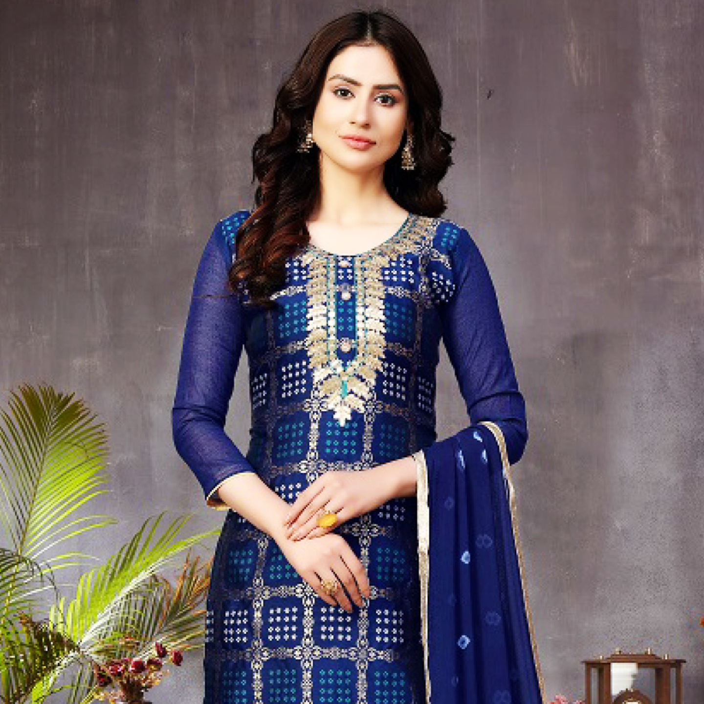 Talk By Fashion Women Dark Blue Banarasi Jacquard Silk Unstitched Dress Material