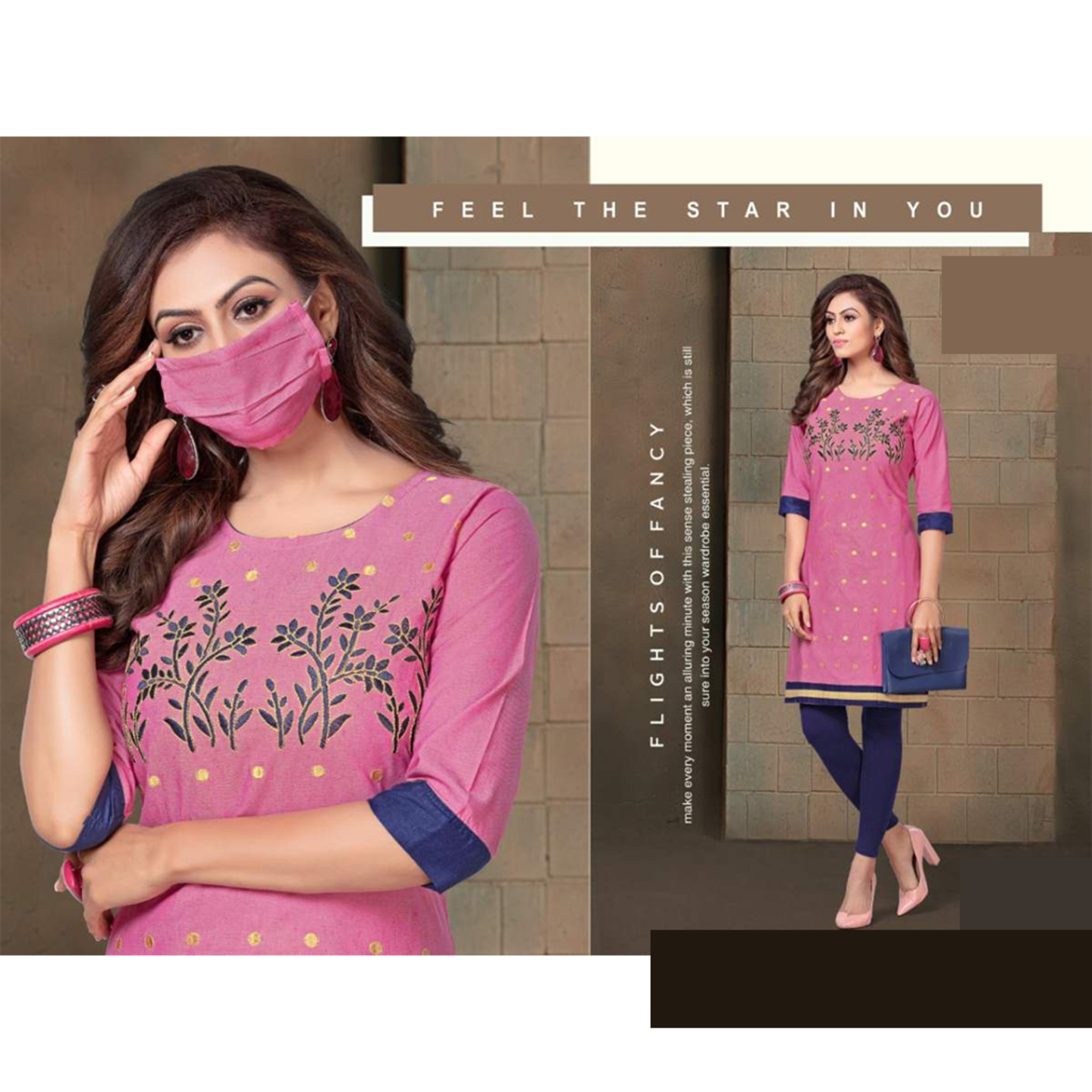 Talk By Fashion Women Cotton Embroidery Kurti with Mask Magenta