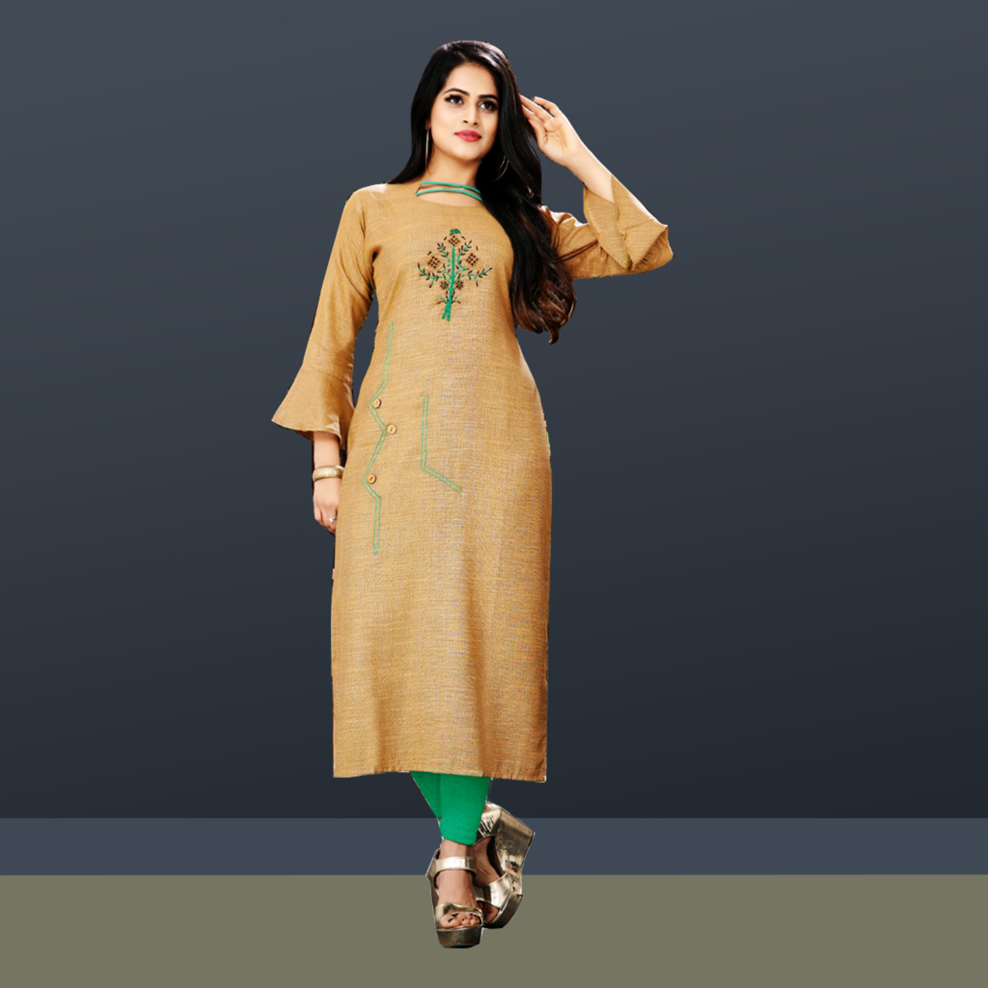 Talk By Fashion Women Heavy Soft Cotton Embroidered Kurti Beige