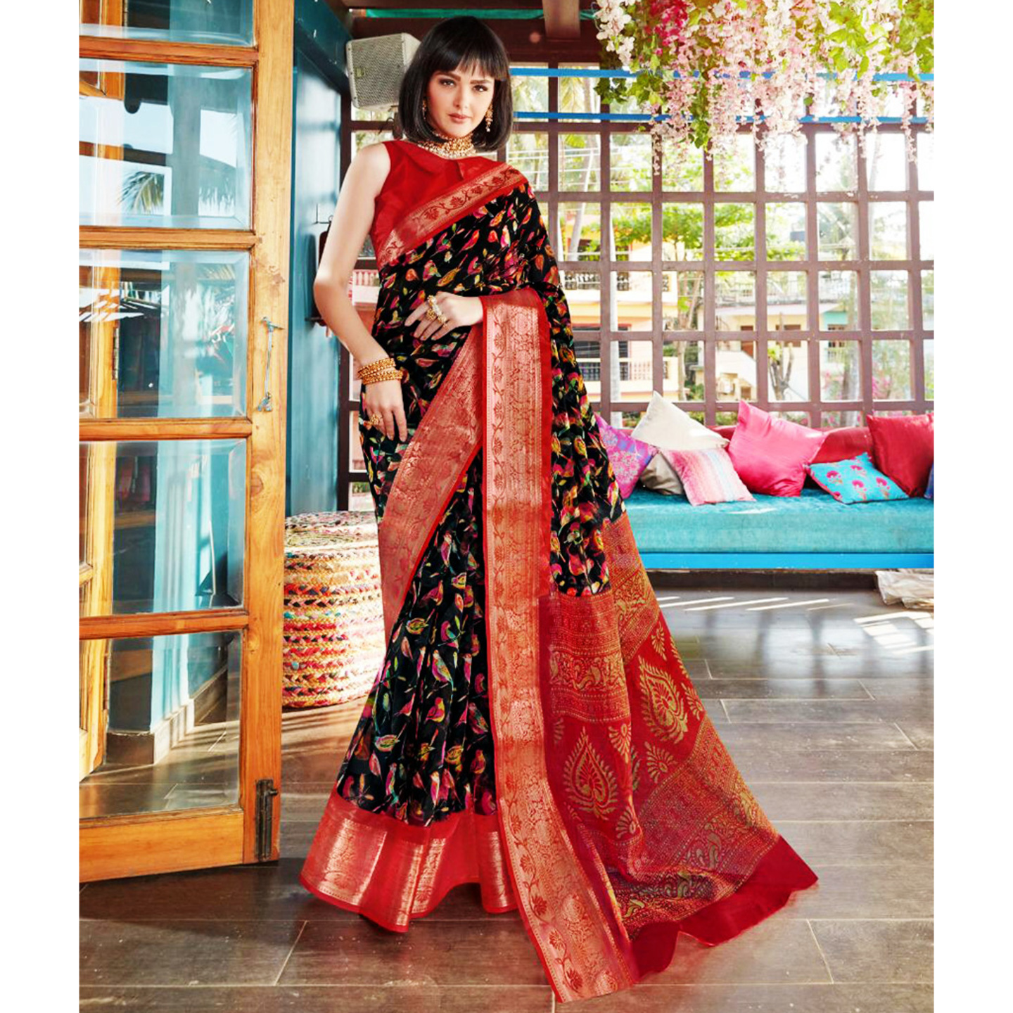 Talk By Fashion Women Pure Organza CollamSilk Saree Black