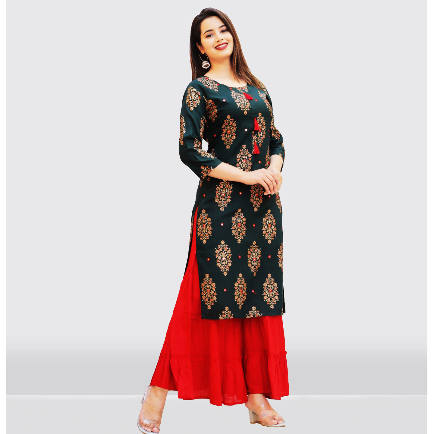 Talk By Fashion Women Gold Print Mirror Work Kurti with Sharara Set