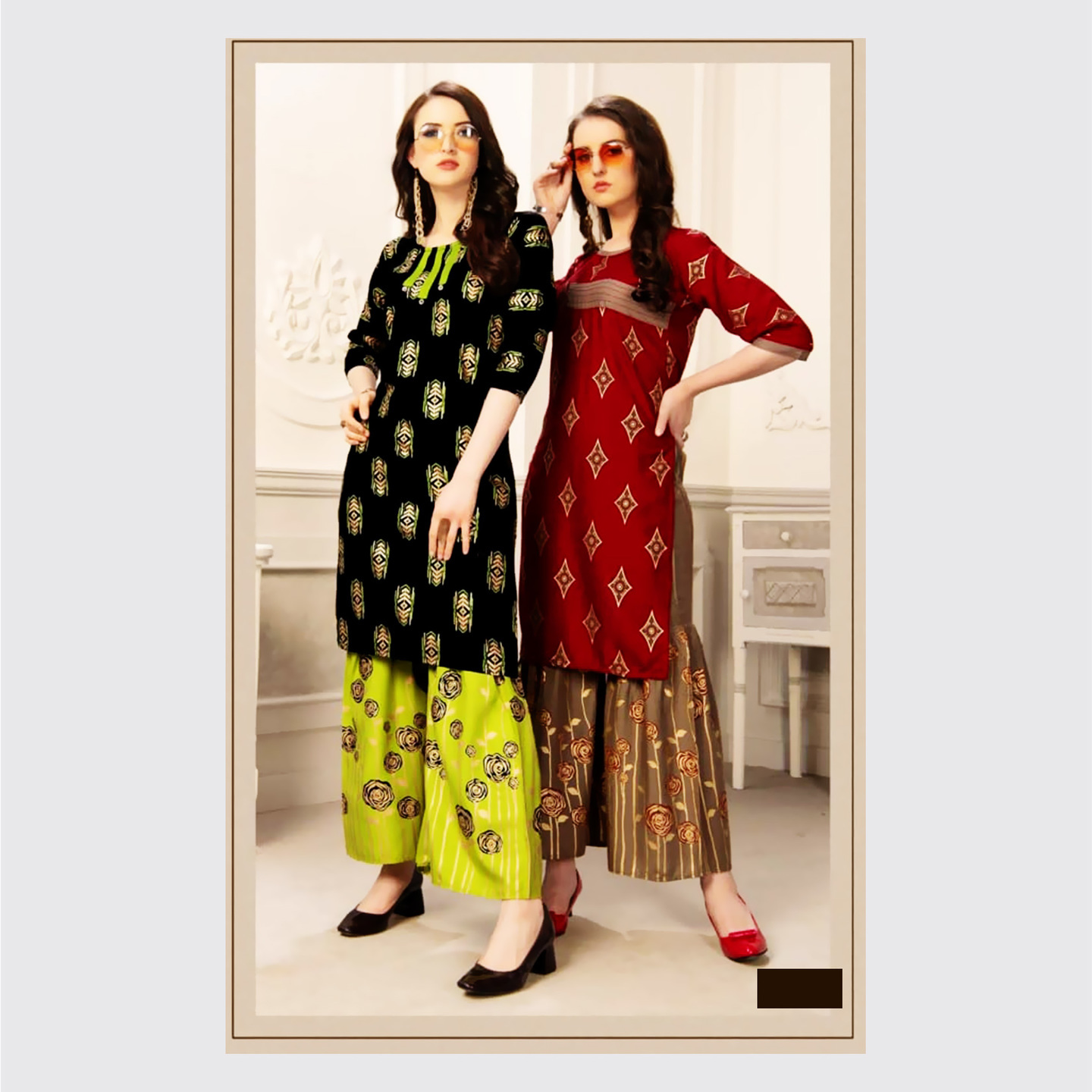 Talk By Fashion Women Rayon Gold Printed Kurti with Palazzo Set Black & Red