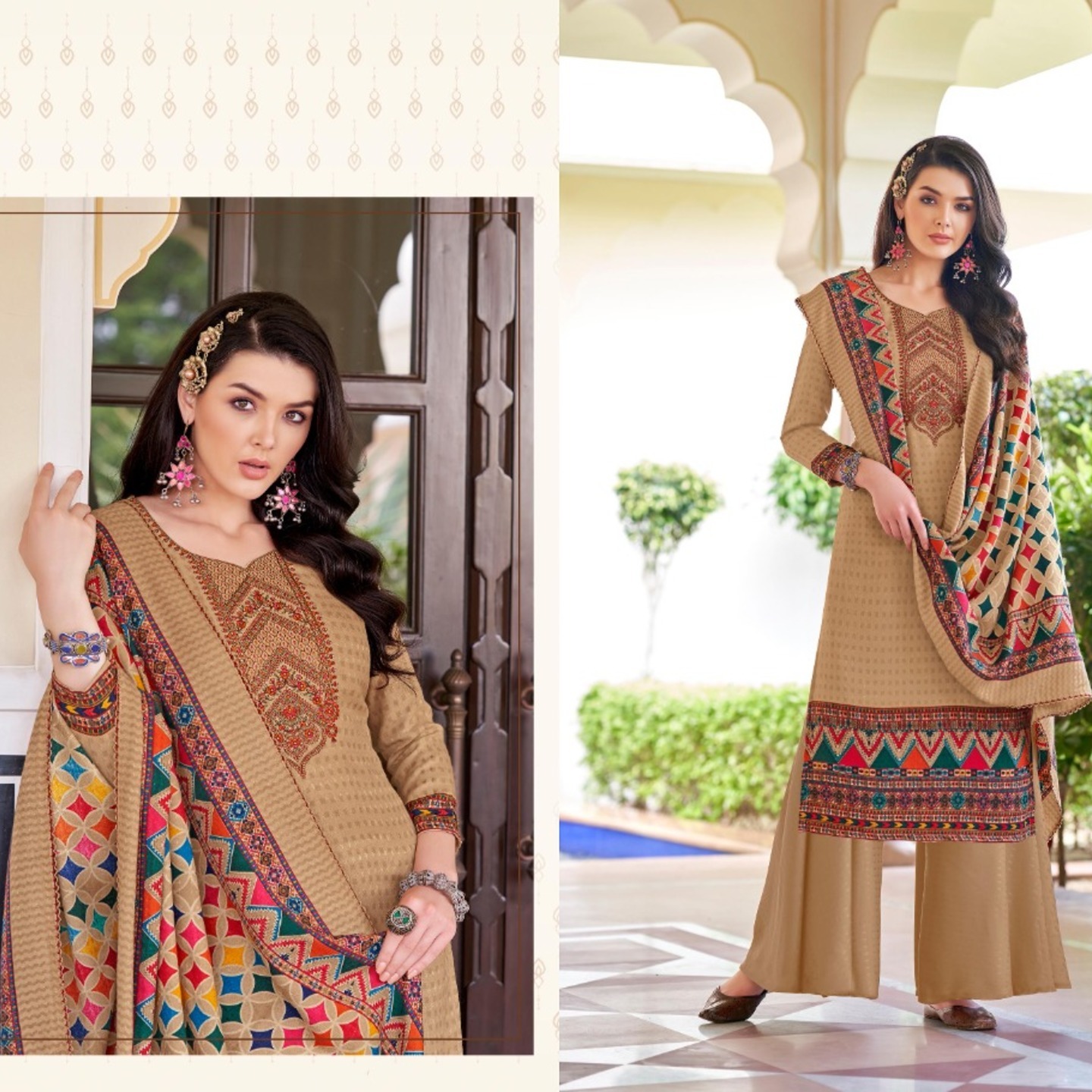 Talk By Fashion Women Beige Color Pure Woolen Pashmina Embroidered Dress Material 