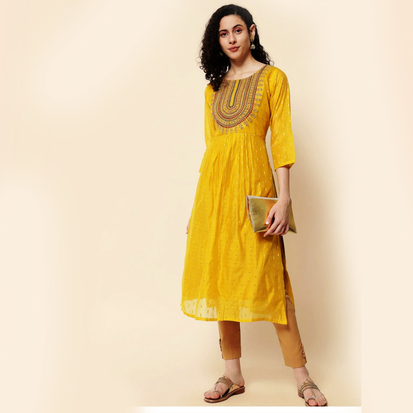 Talk By Fashion Women Viscose Chanderi Embroidered Naira Straight Kurti Yellow
