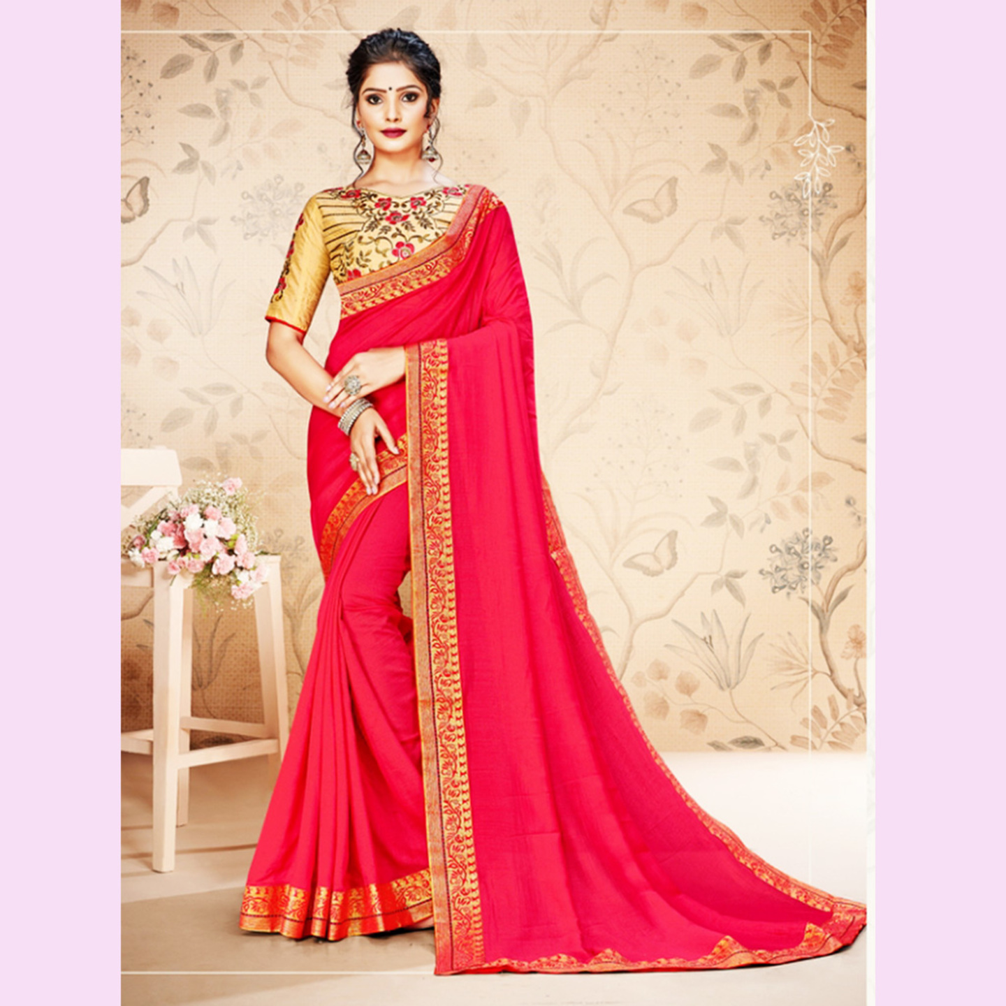 Talk By Fashion Women Pink Solid Vichitra Silk Saree with Border 