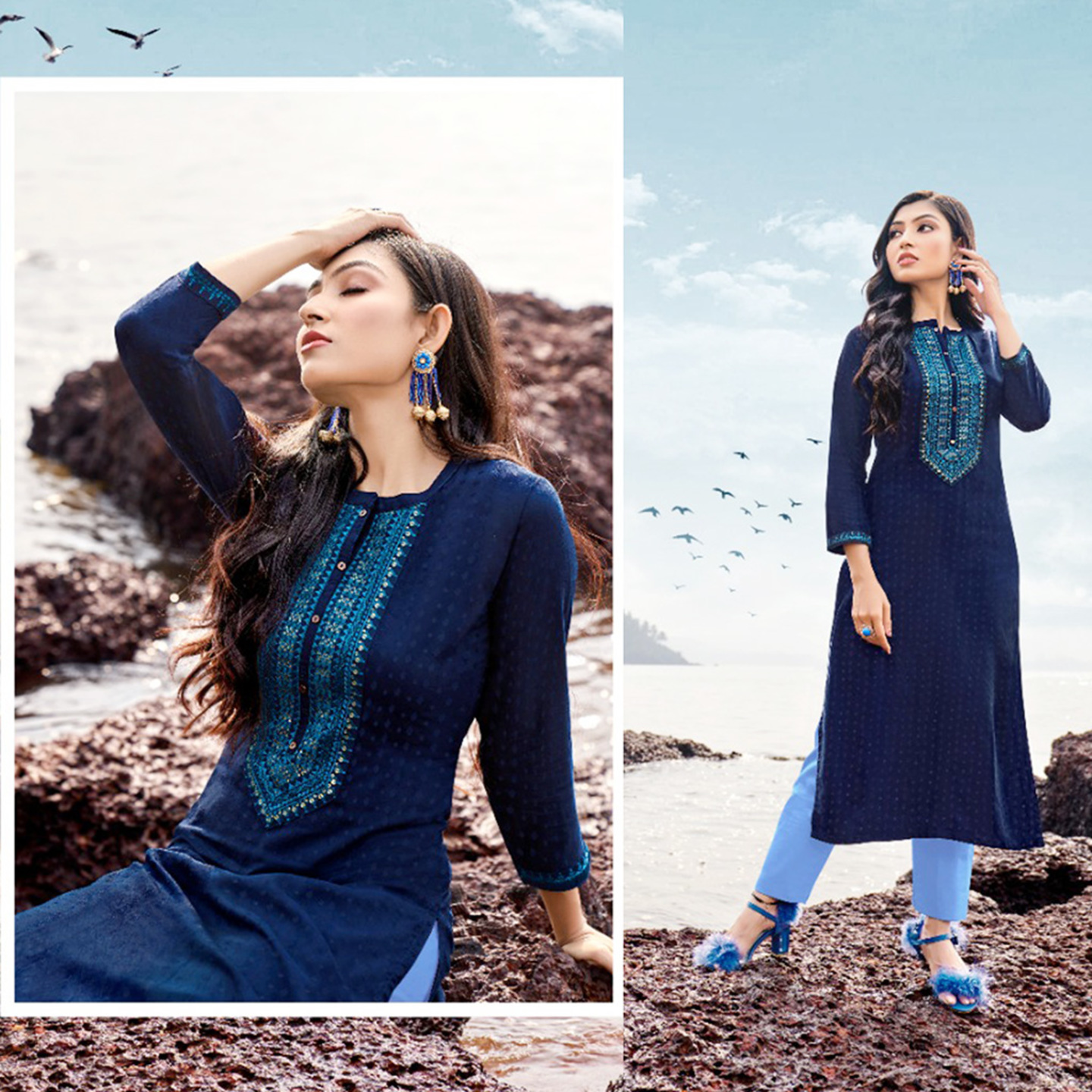 Women Dark Navy Blue Embroidered Straight Kurta