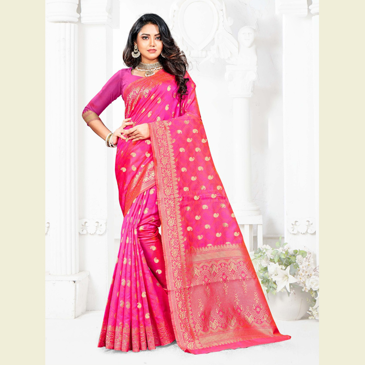Talk By Fashion Women Handloom Silk Party Wear Saree Dark Pink