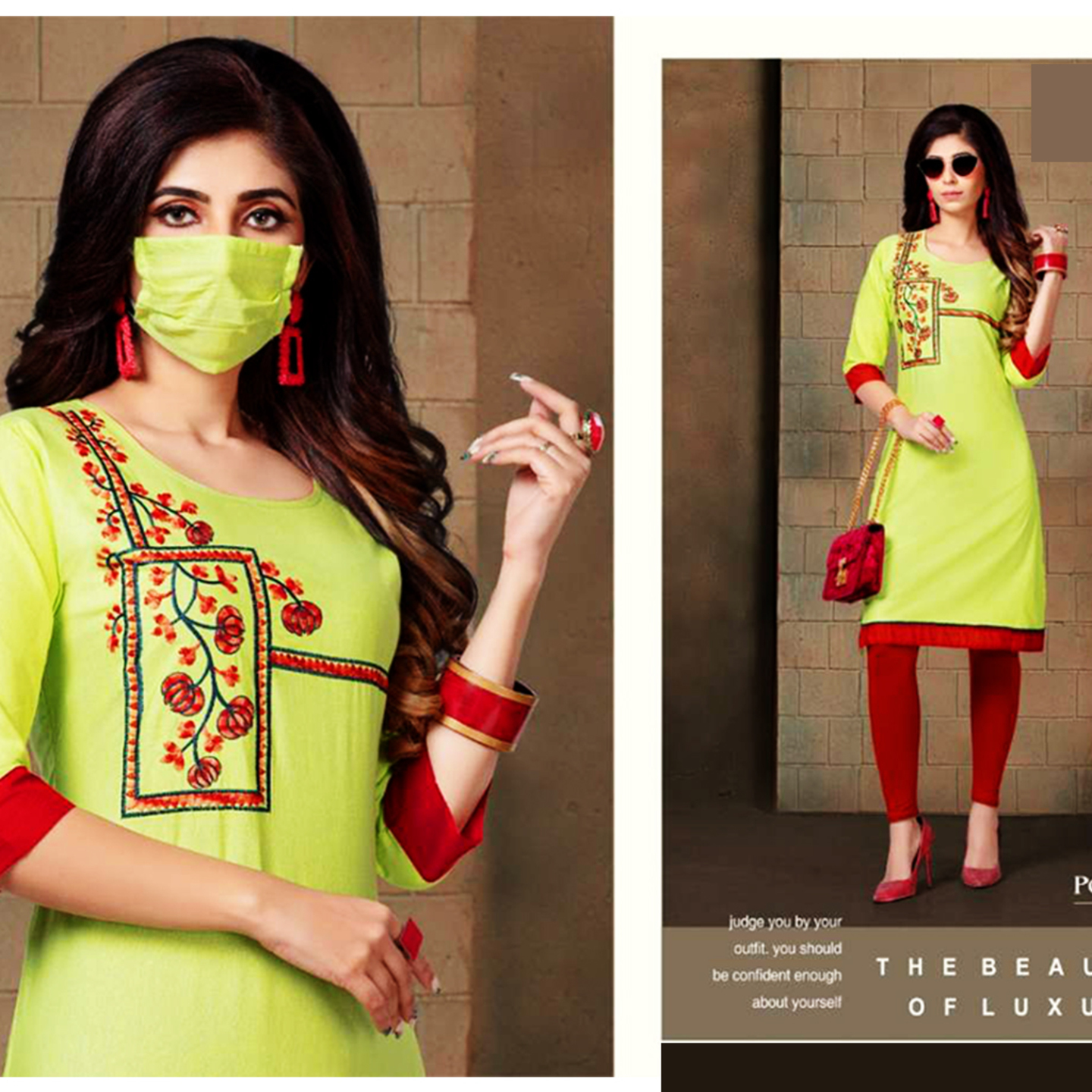 Talk By Fashion Women Cotton Embroidery Kurti with Mask Green