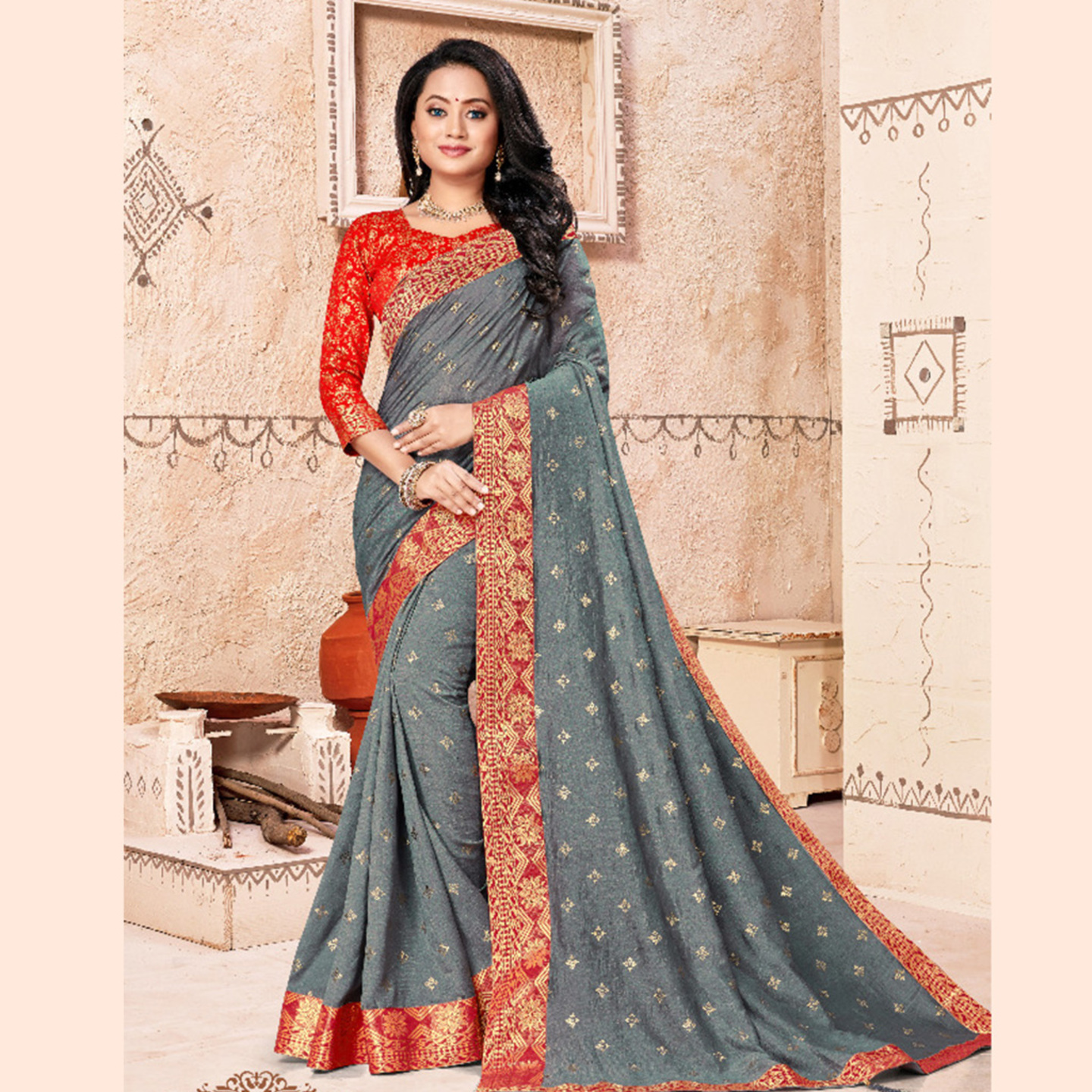 Talk By Fashion Women Vichitra Silk Wedding Wear Saree Grey with Mask