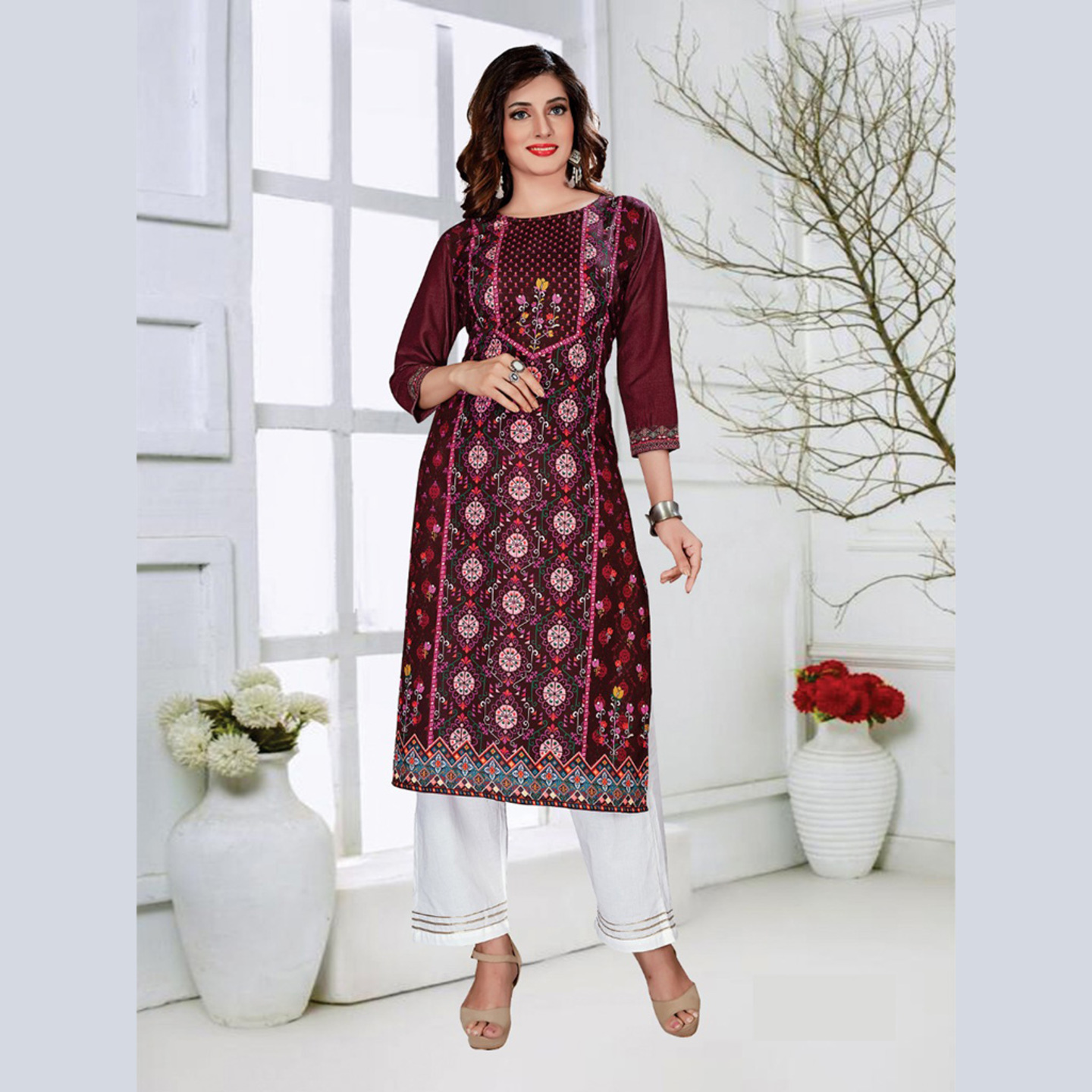 Talk By Fashion Women Heavy Digital Printed Kurti with Palazzo Set Maroon