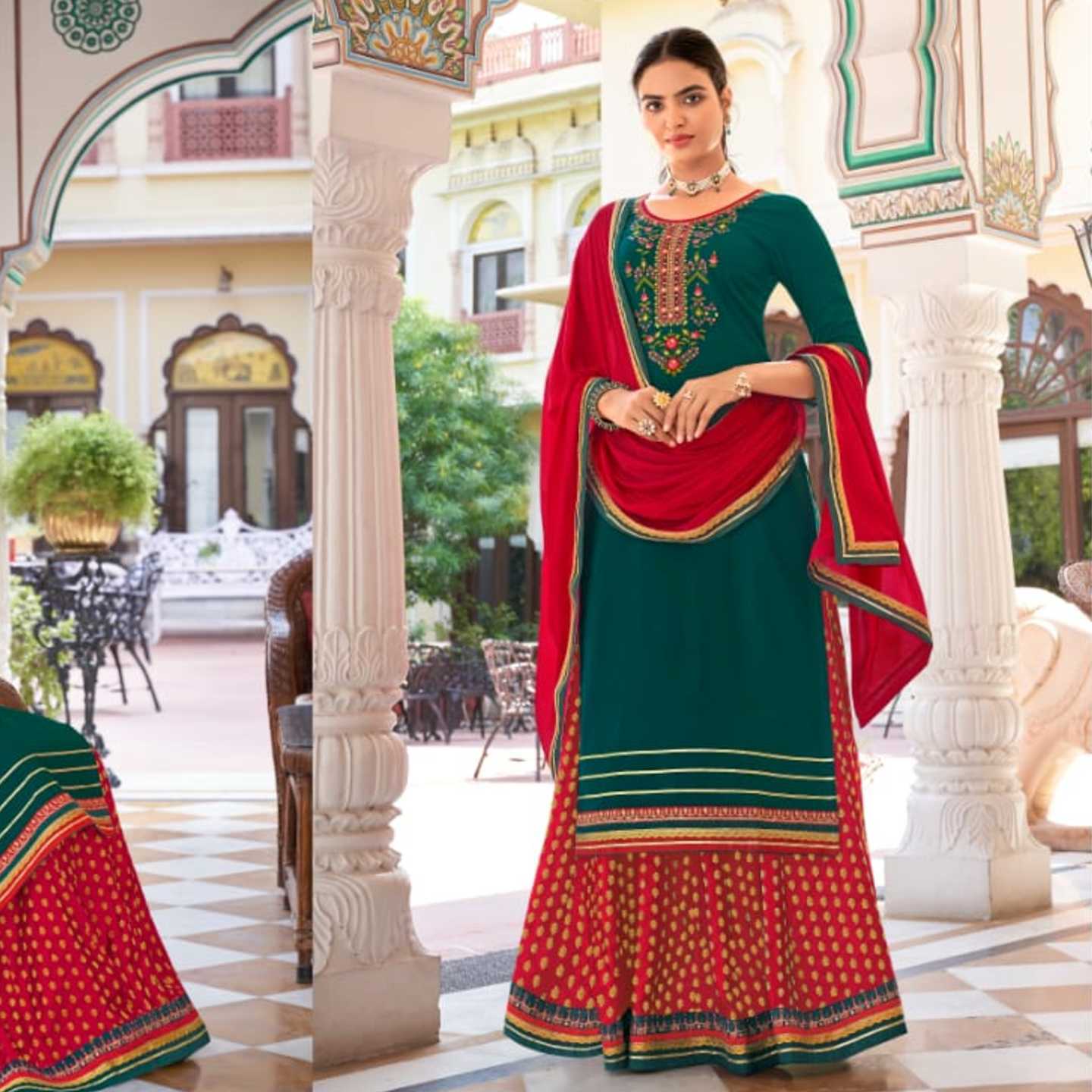 Talk By Fashion Women Jam Silk Embroidered Long Kurta with Skirt and Dupatta Set