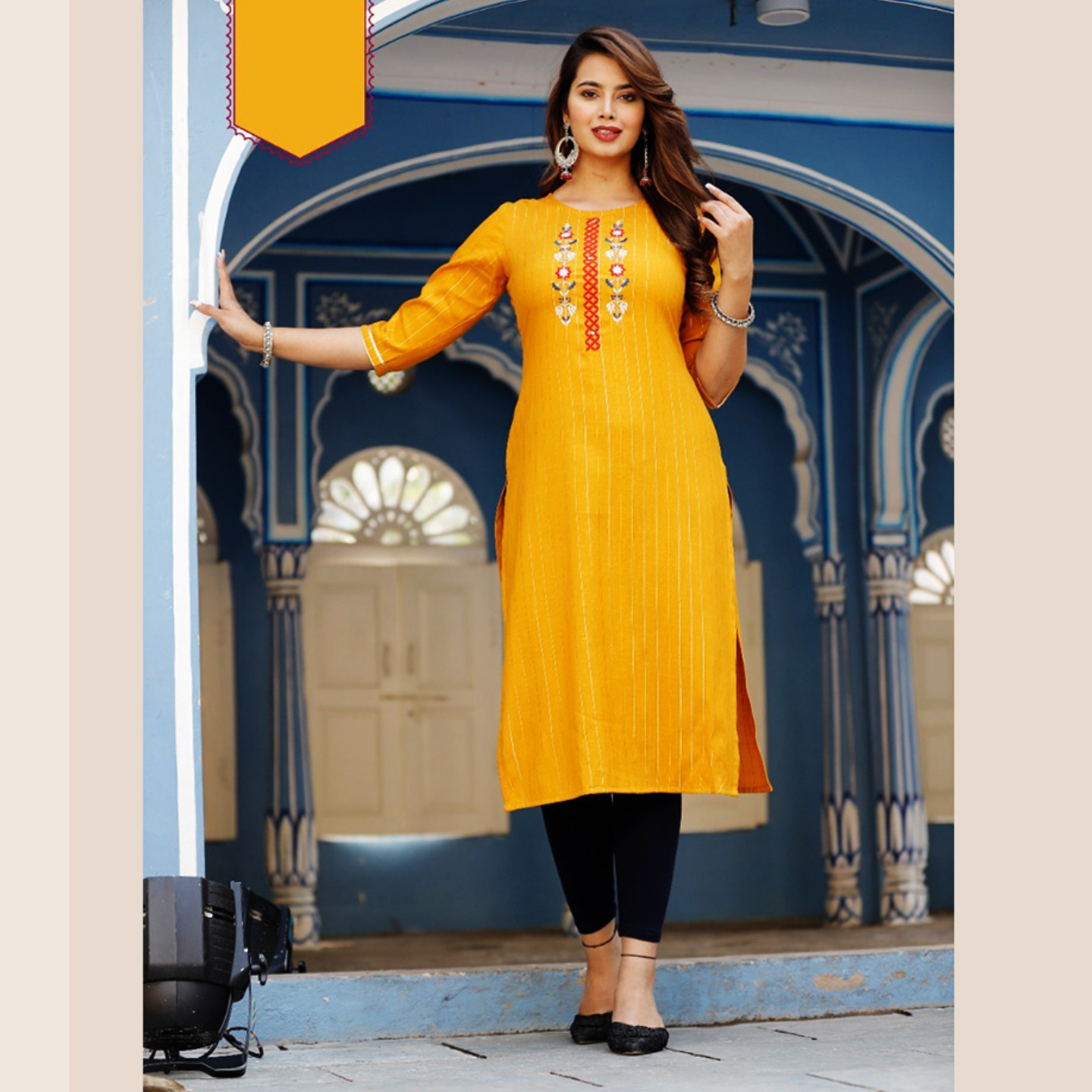 Talk By Fashion Yellow Embroidered Cotton Lurex Straight Kurti