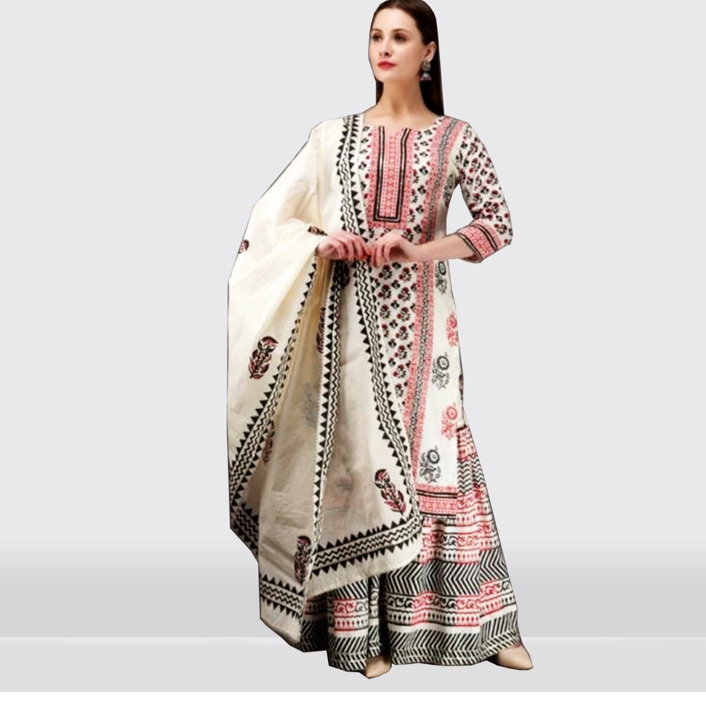 Talk By Fashion Women Cotton Printed Kurti with Sharara, Dupatta Suit Set