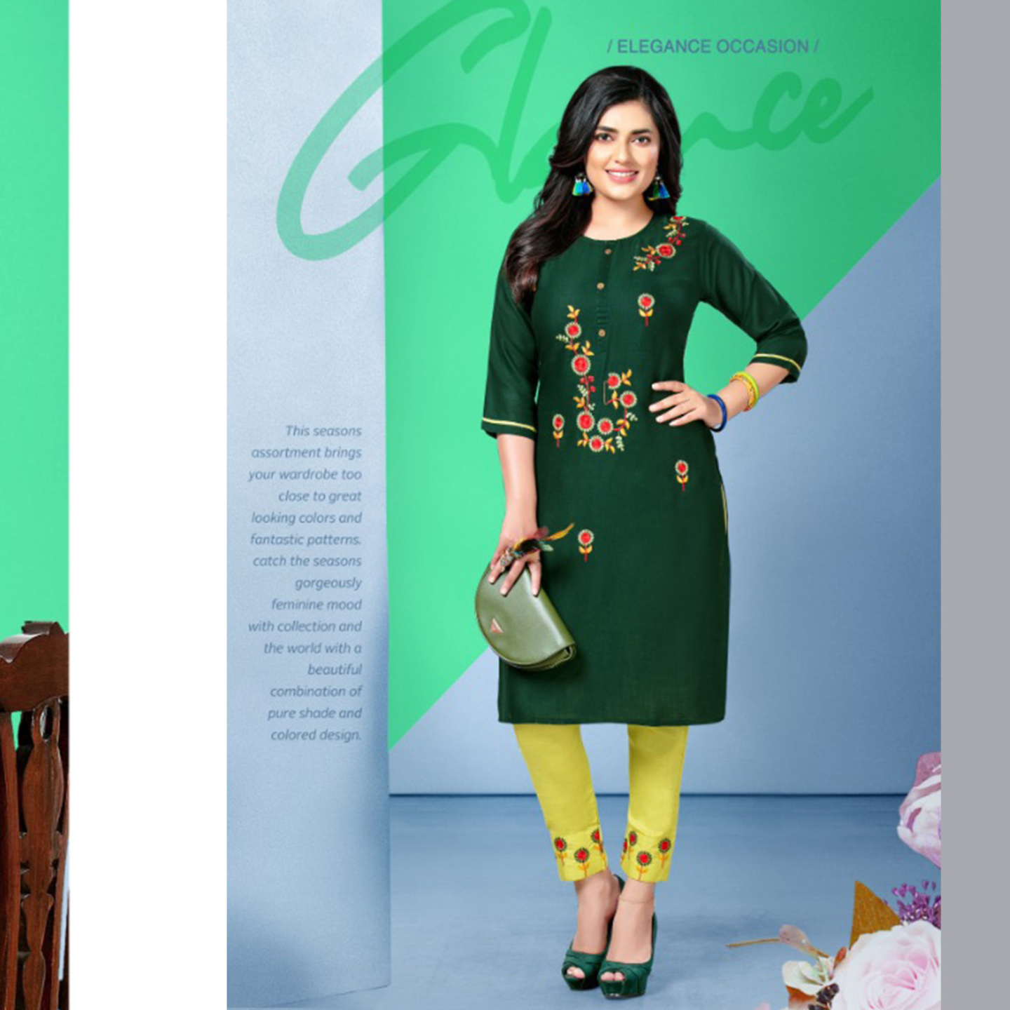 Talk By Fashion Women Green Embroidered Straigh Kurta with Pants