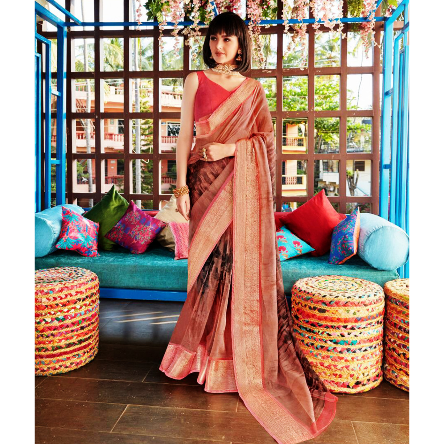 Talk By Fashion Women Pure Organza CollamSilk Saree Bronze