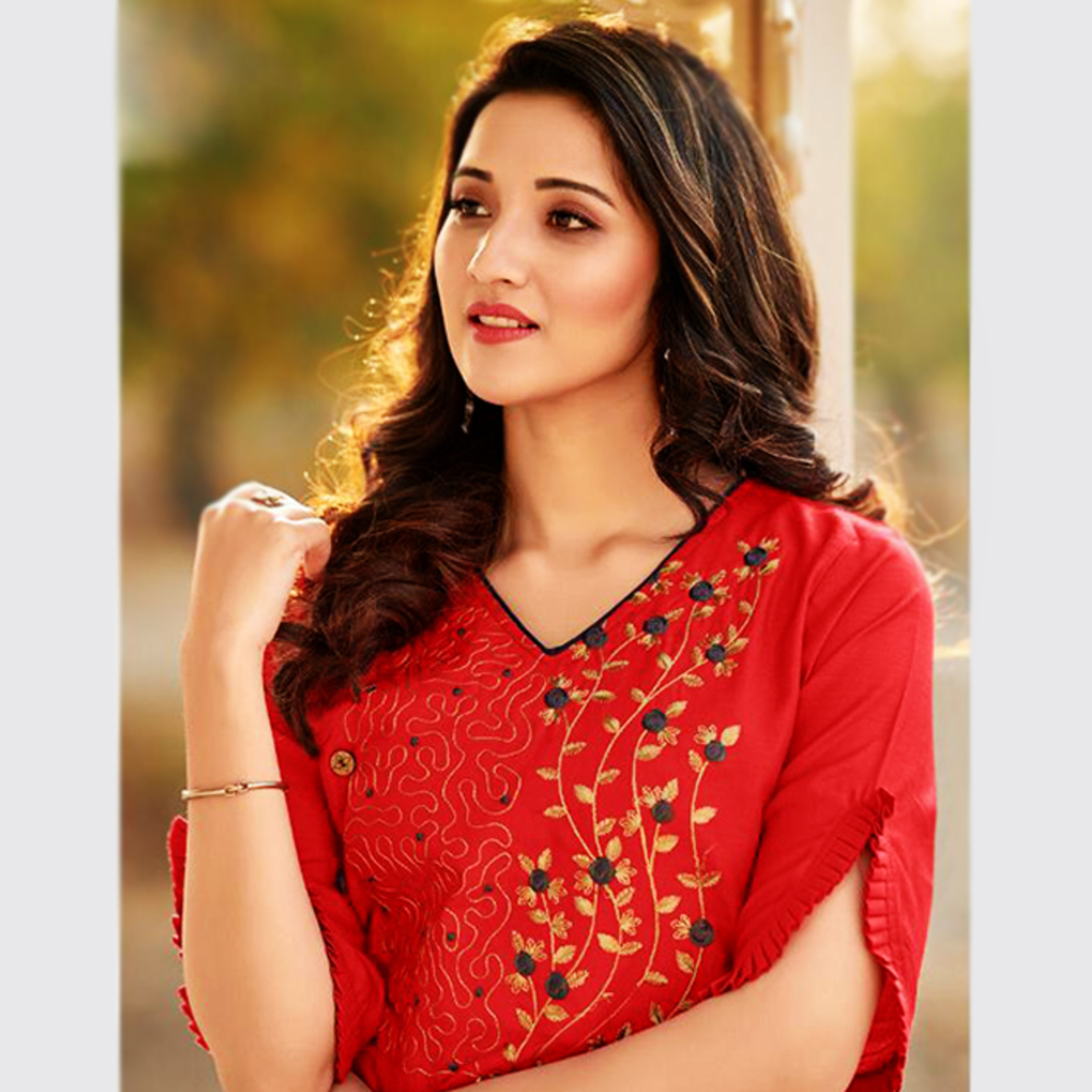 Talk By Fashion Women Cotton Slub Embroidered Kurti Light Red