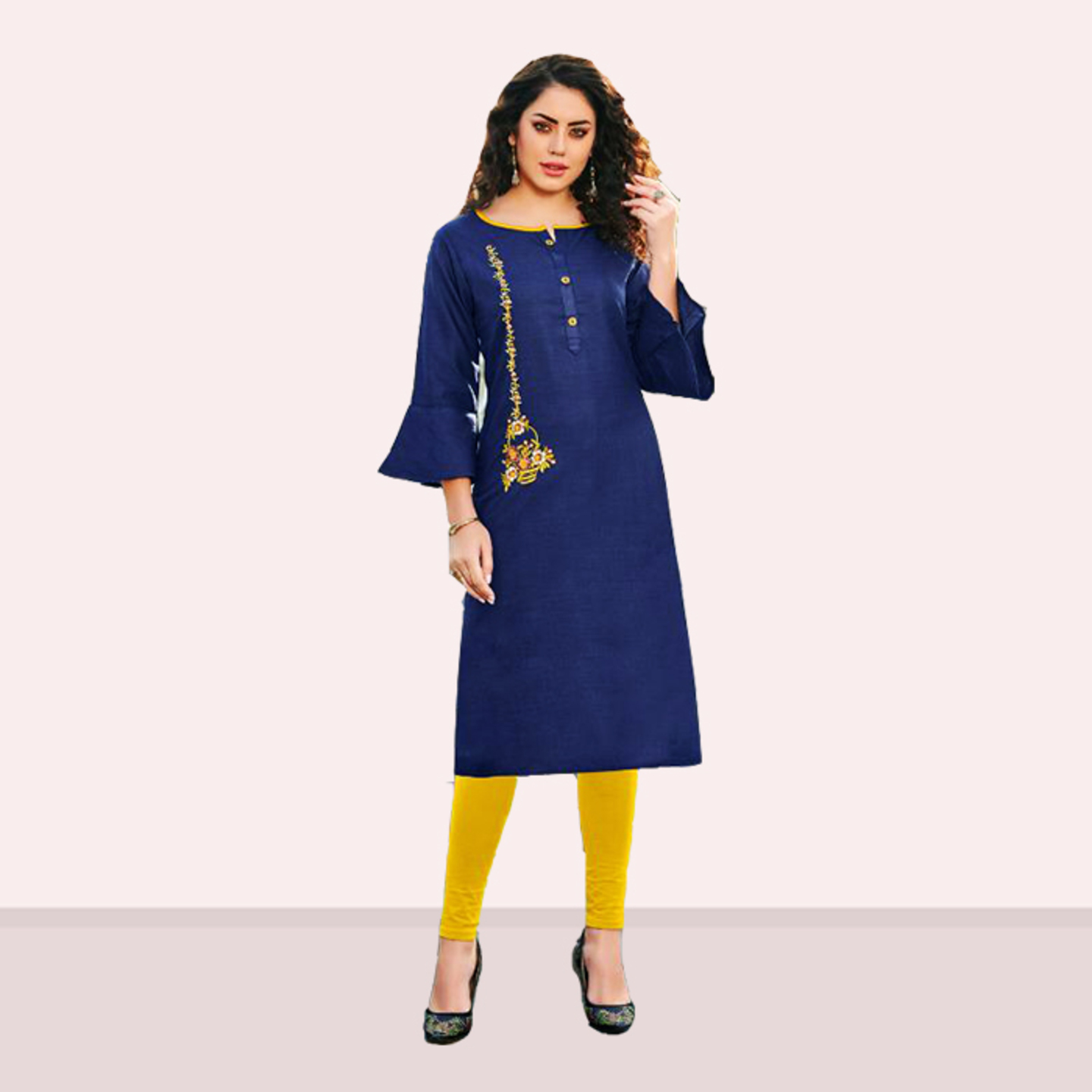 Talk By Fashion Women Cotton Slub Embroidered Kurti Navy Blue