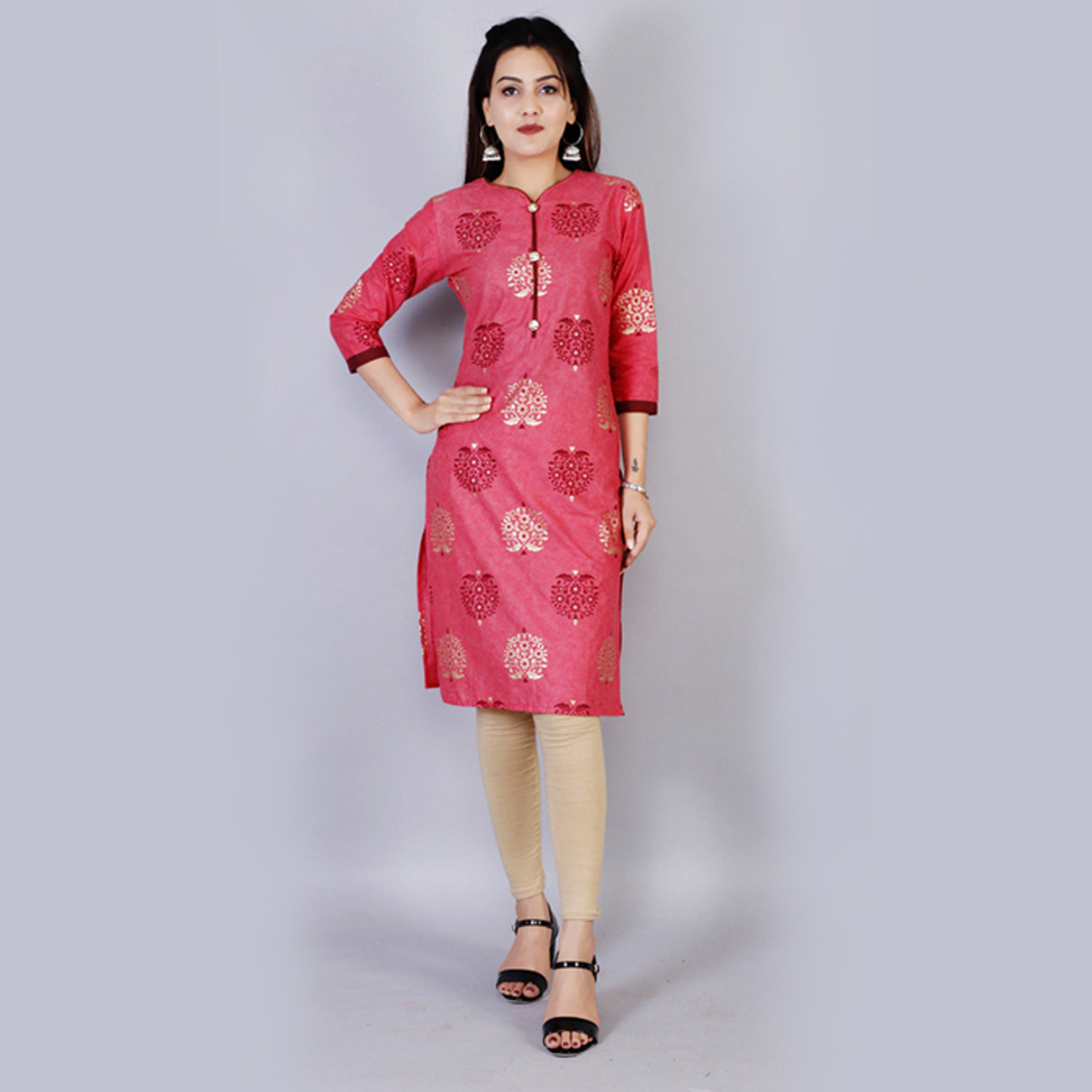 Talk By Fashion Women Cotton Gold Printed Kurti Dark Pink