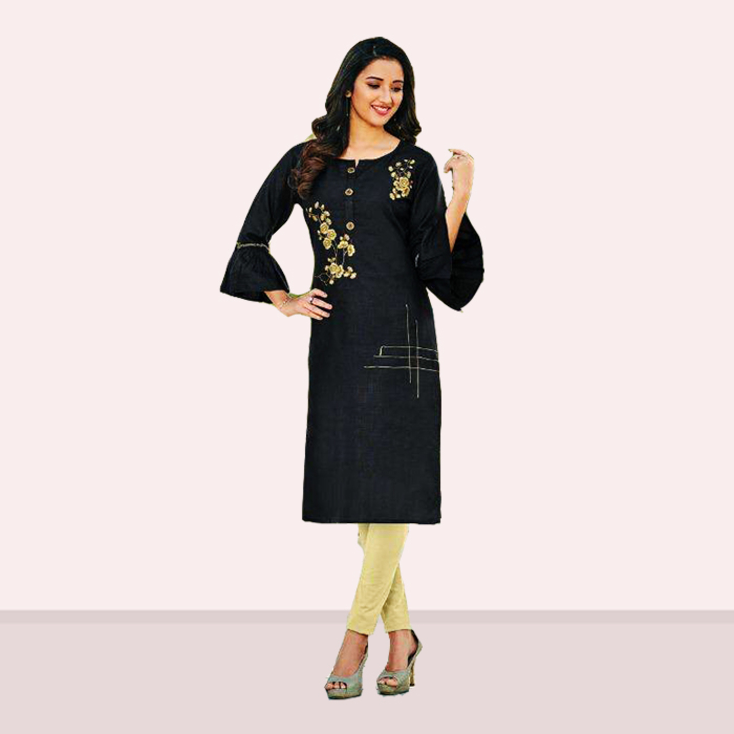 Talk By Fashion Women Cotton Slub Embroidered Kurti Charcoal Black