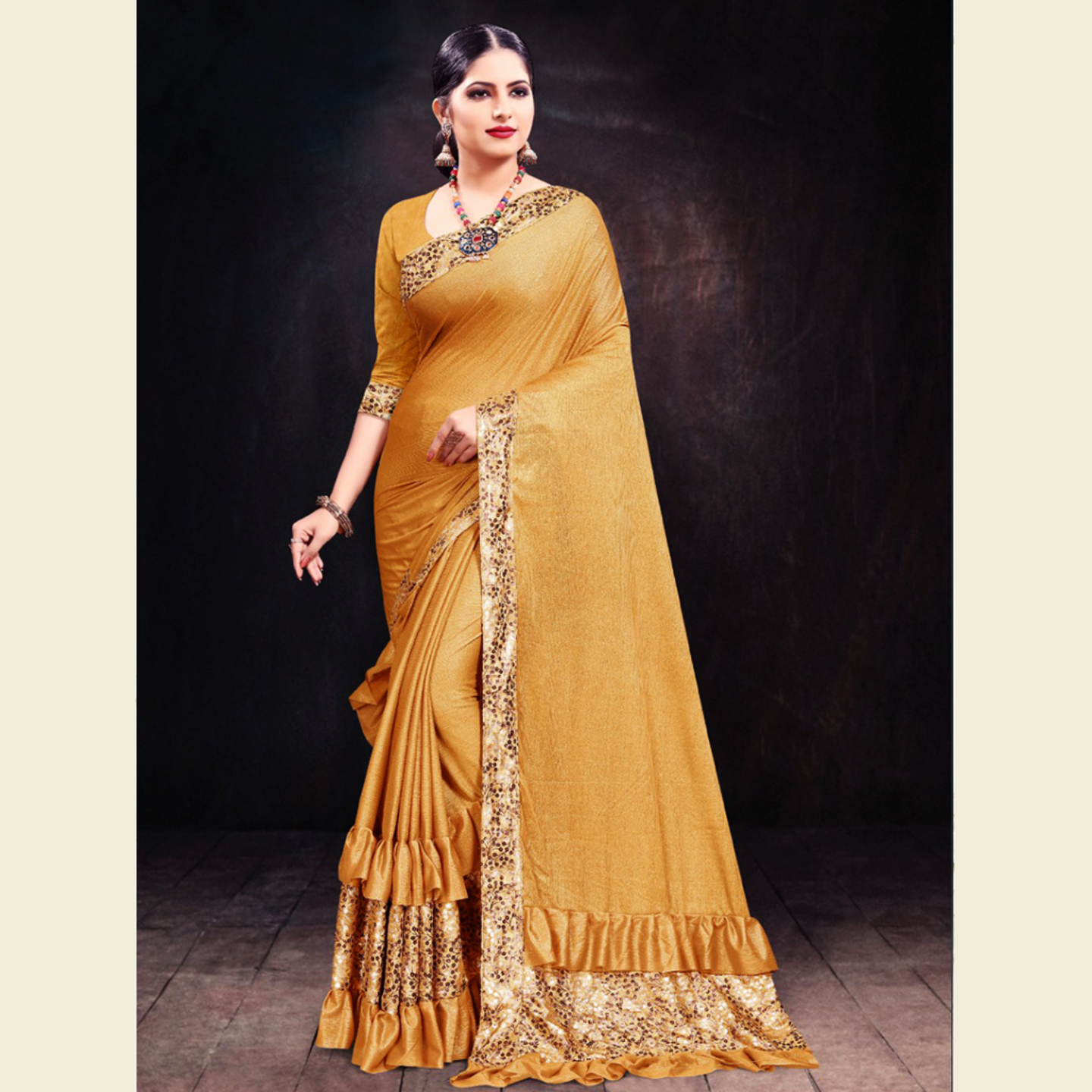Talk By Fashion Women Heavy Shimmer Lycra Party Wear Saree Golden
