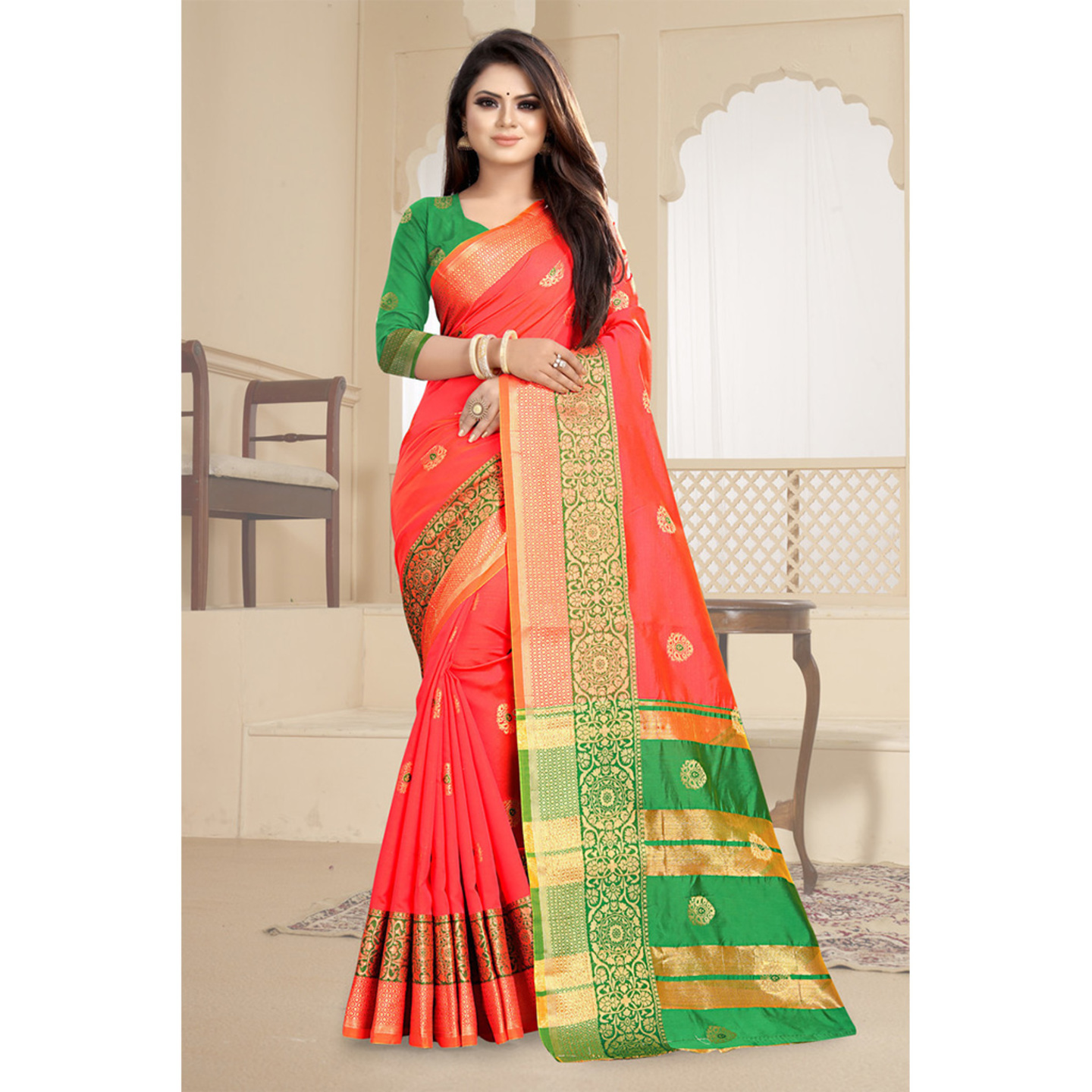 Talk By Fashion Women Cotton Silk Festive Wear Banarasi Saree Carrot