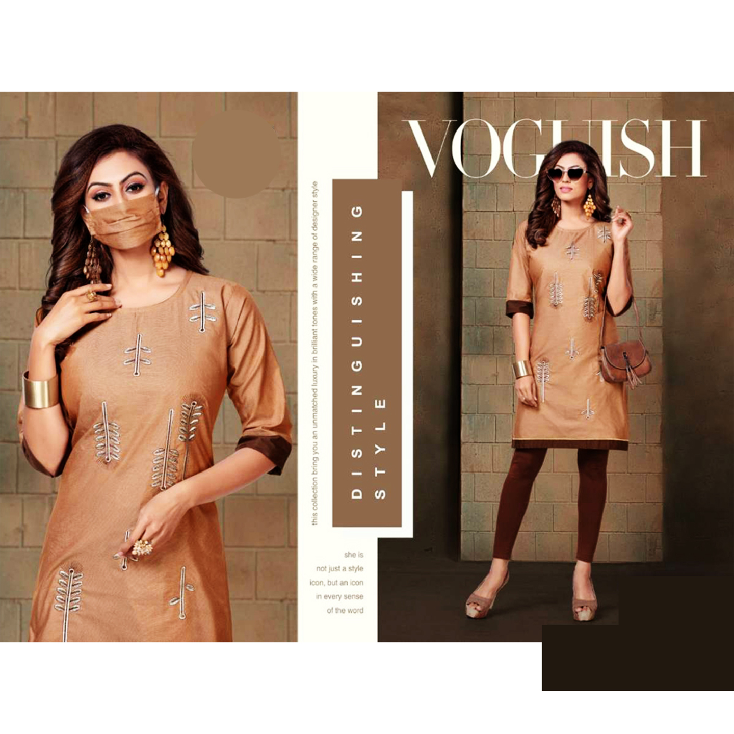 Talk By Fashion Women Cotton Embroidery Kurti with Mask Cofee
