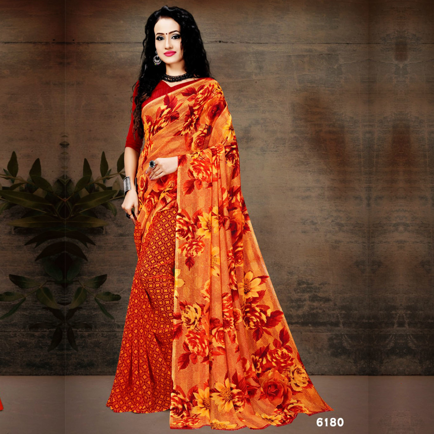 Talk By Fashion Women Ranial Georgette Printed Saree Orange Multi