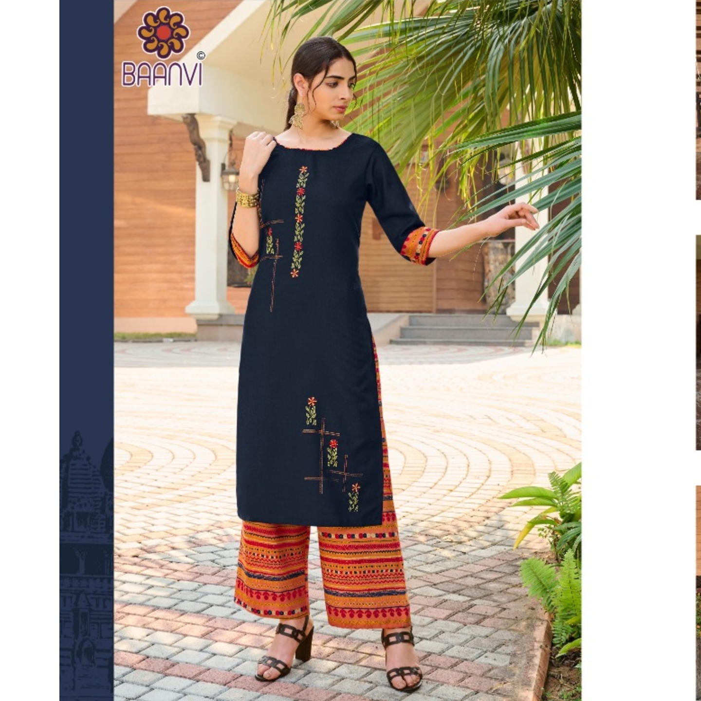 Talk By Fashion Women Dark Blue Embroidered Cotton Kurta and Palazzos