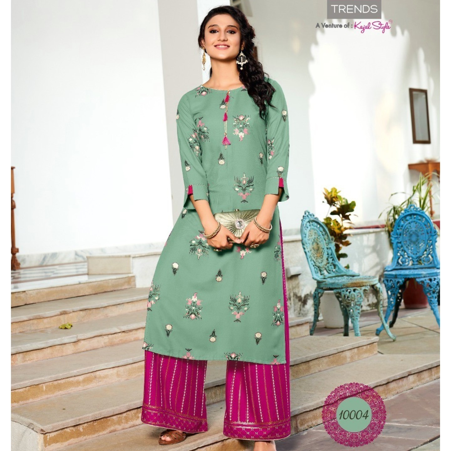 Diya Trends Women Pastel Green Color Kurta with Flared Palazzos